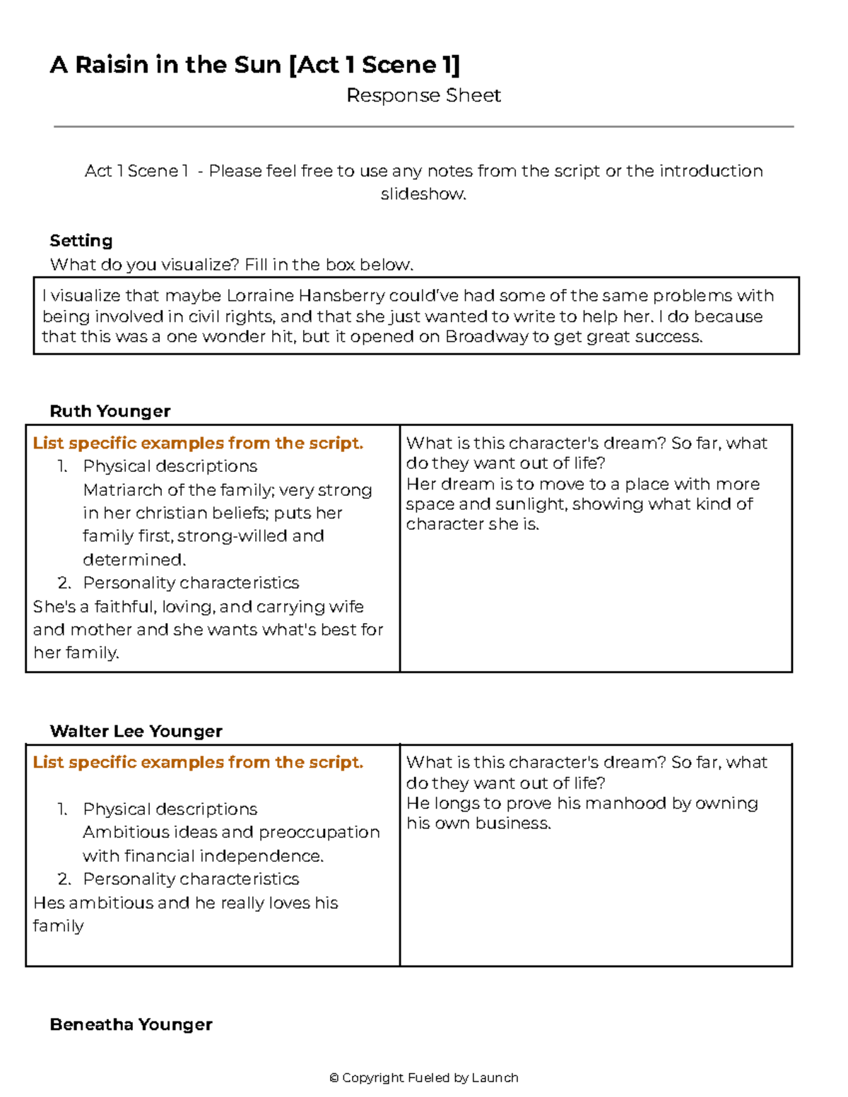 Copy of Response Sheet for A Raisin in the Sun ACT 1 scene 1 A Raisin