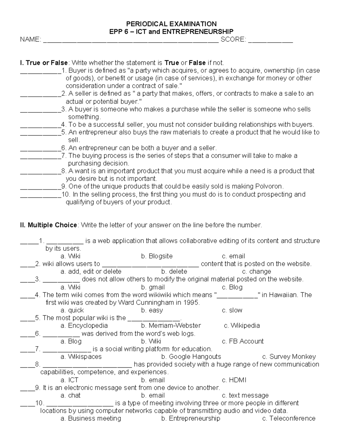 TLE6 ICT Periodical TEST - PERIODICAL EXAMINATION EPP 6 – ICT And ...