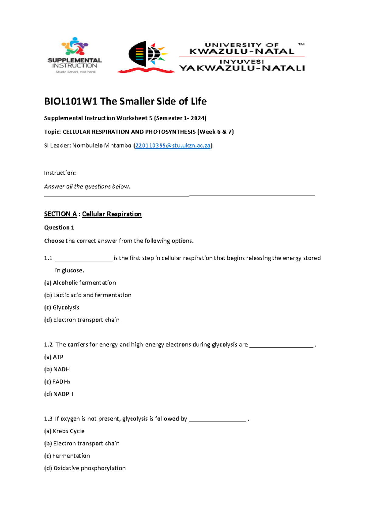 7. BIOL101 W1 SI Worksheet 5 Nombulelo 2024 - BIOL101W1 The Smaller ...