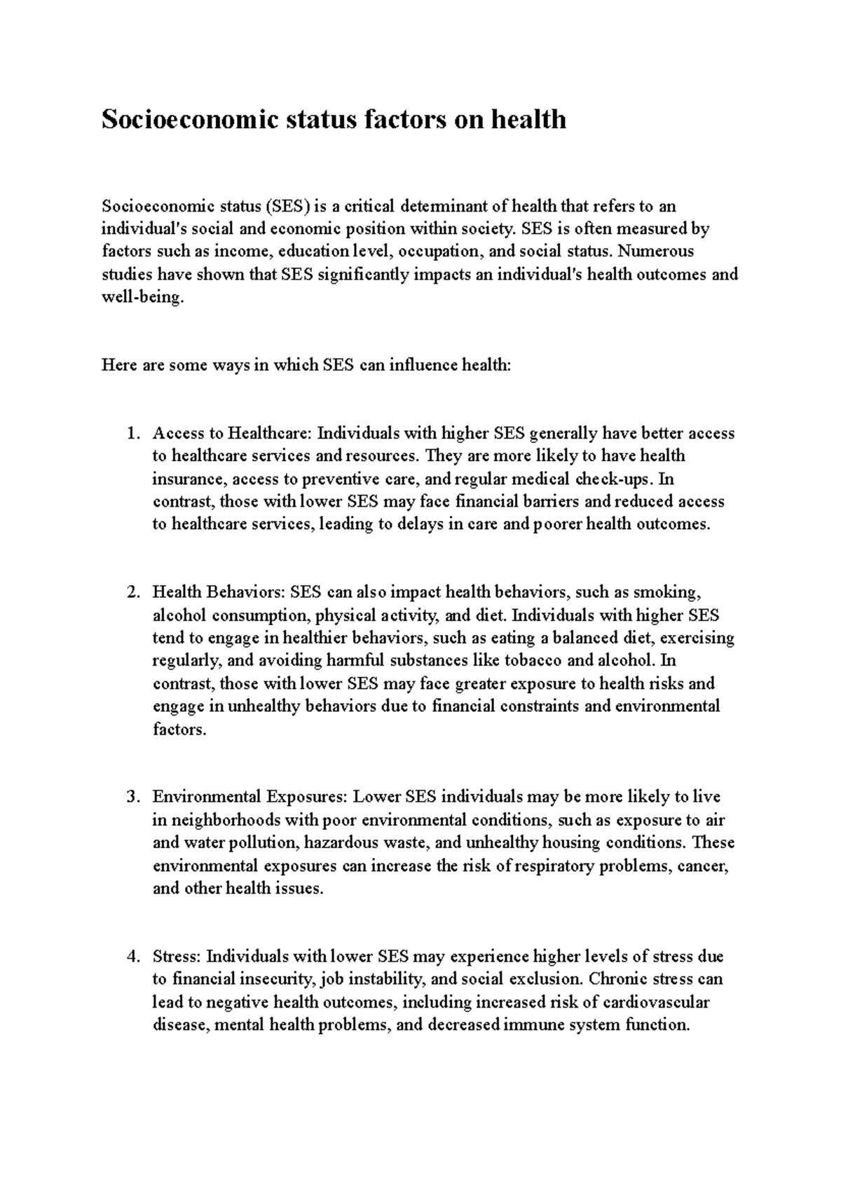 Socioeconomic status factors on health Socioeconomic status factors