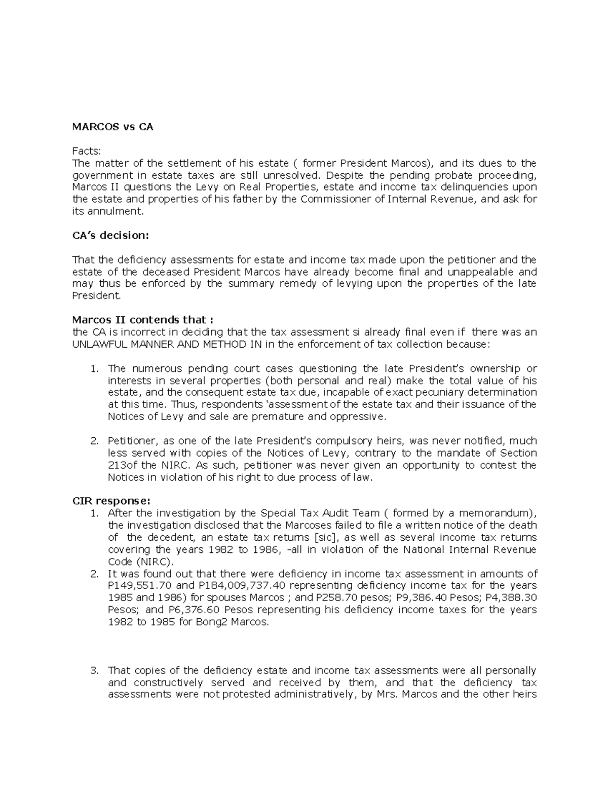 January-18-Digests - Tax cases - MARCOS vs CA Facts: The matter of the ...