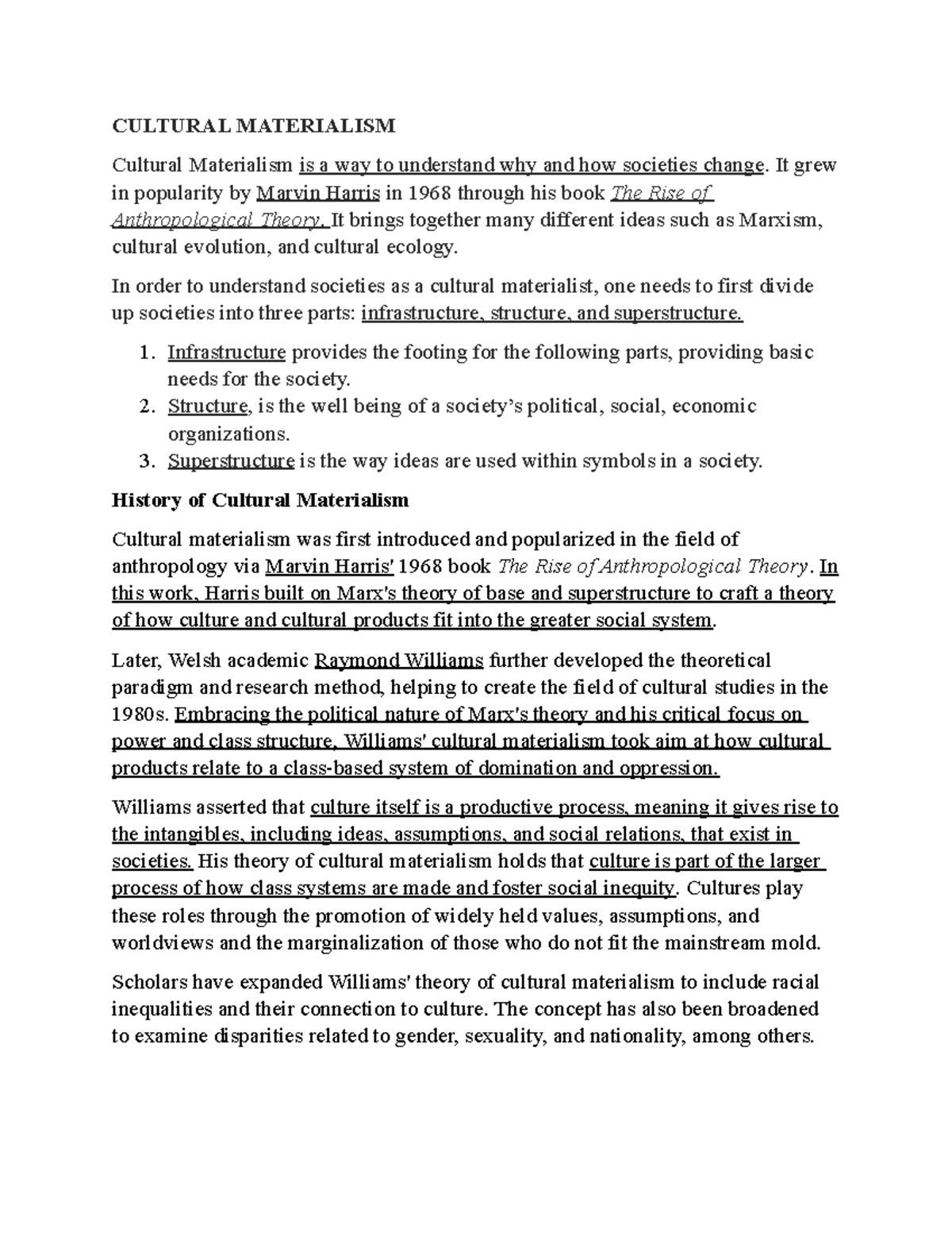 Cultural Materialism It's a lecture notes CULTURAL MATERIALISM