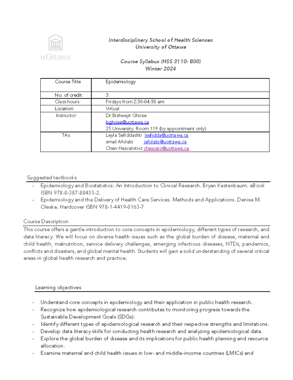 HSS 3110 syllabus 1 Course Title Epidemiology No. of credit 3 Class