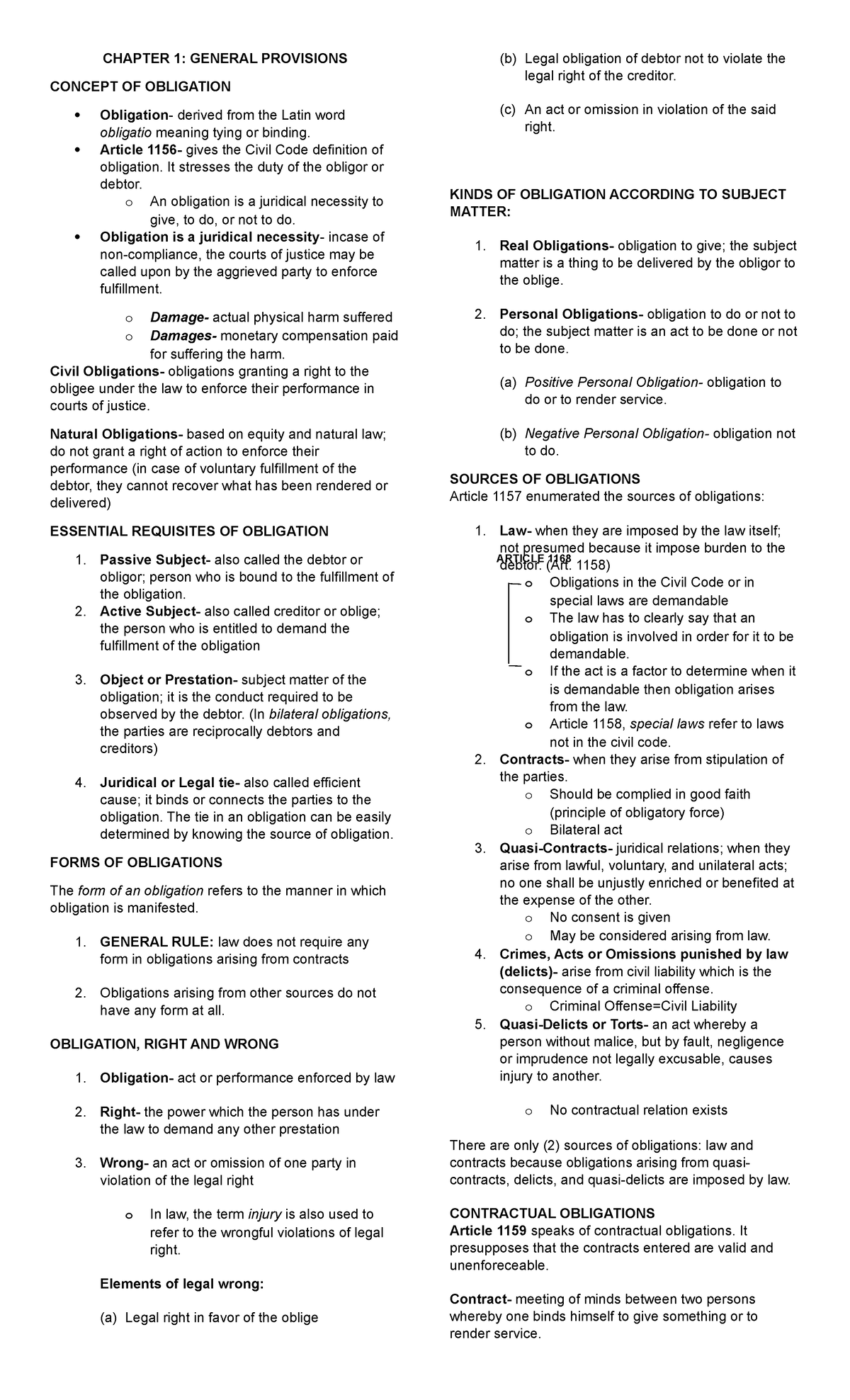 Chapter 1 Oblicon - CHAPTER 1: GENERAL PROVISIONS CONCEPT OF OBLIGATION ...