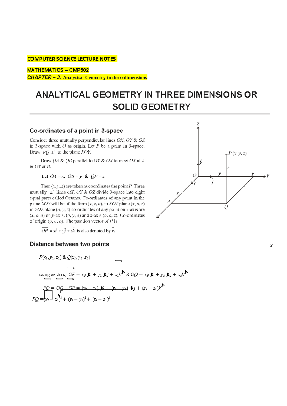Chapter 3. Analytical Geometry in three dimensions COMPUTER SCIENCE