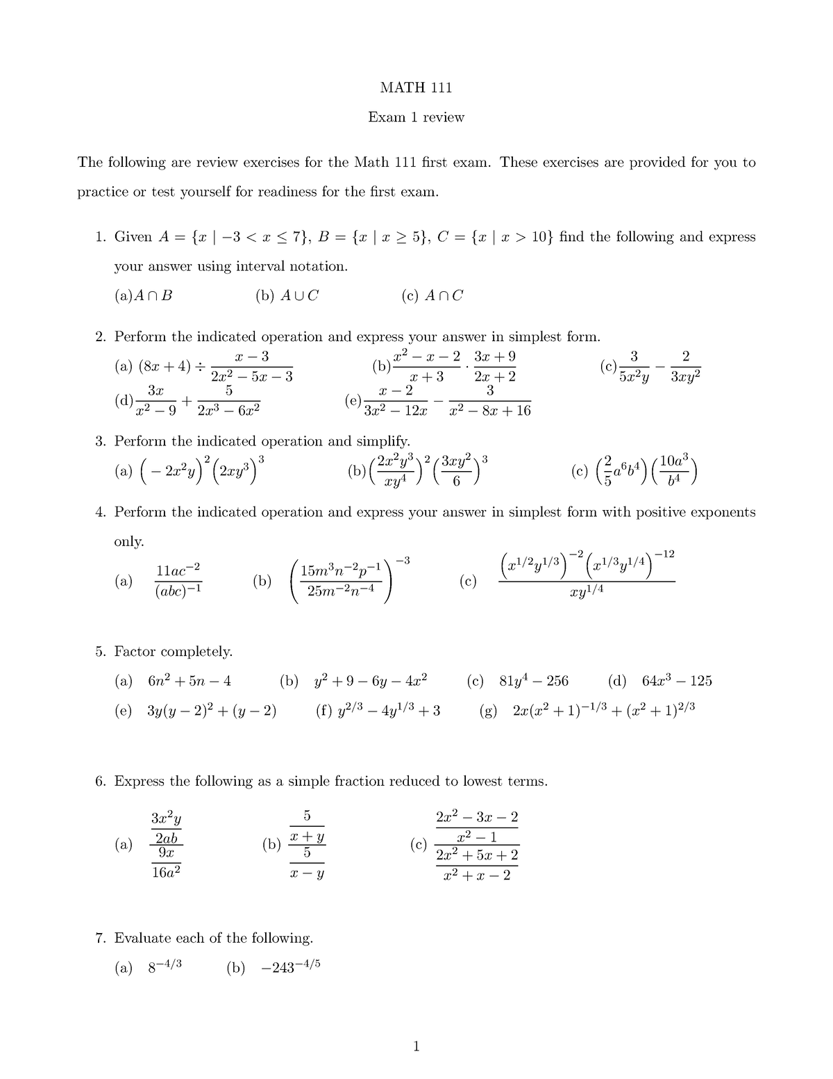 Math 111 Ex1 Review - Practice questions for the first semester. - MATH ...