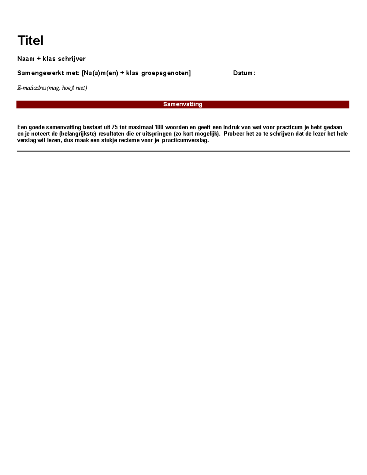 Template verslag scheikunde - Titel Naam + klas schrijver Samengewerkt ...