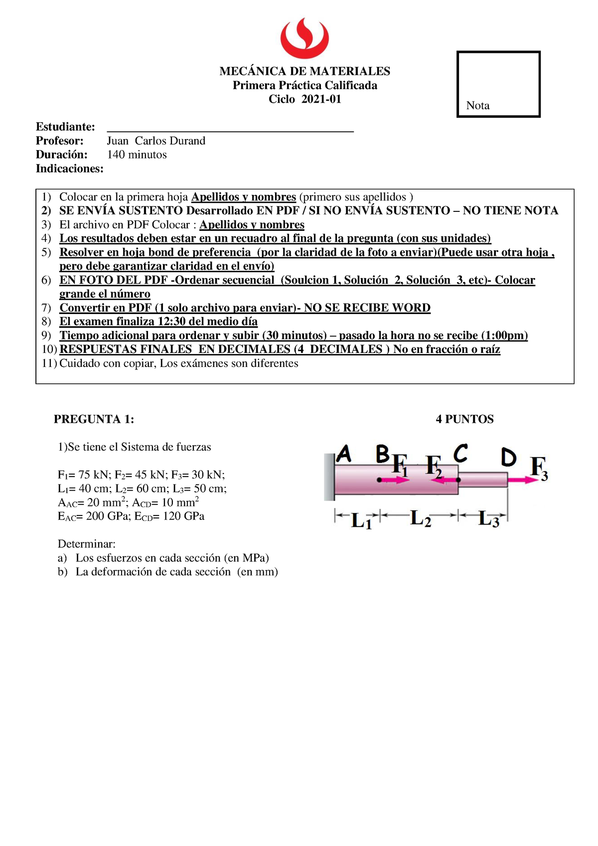 2 PC1 - MEC Materiales - 2021-01 - MECÁNICA DE MATERIALES Primera ...