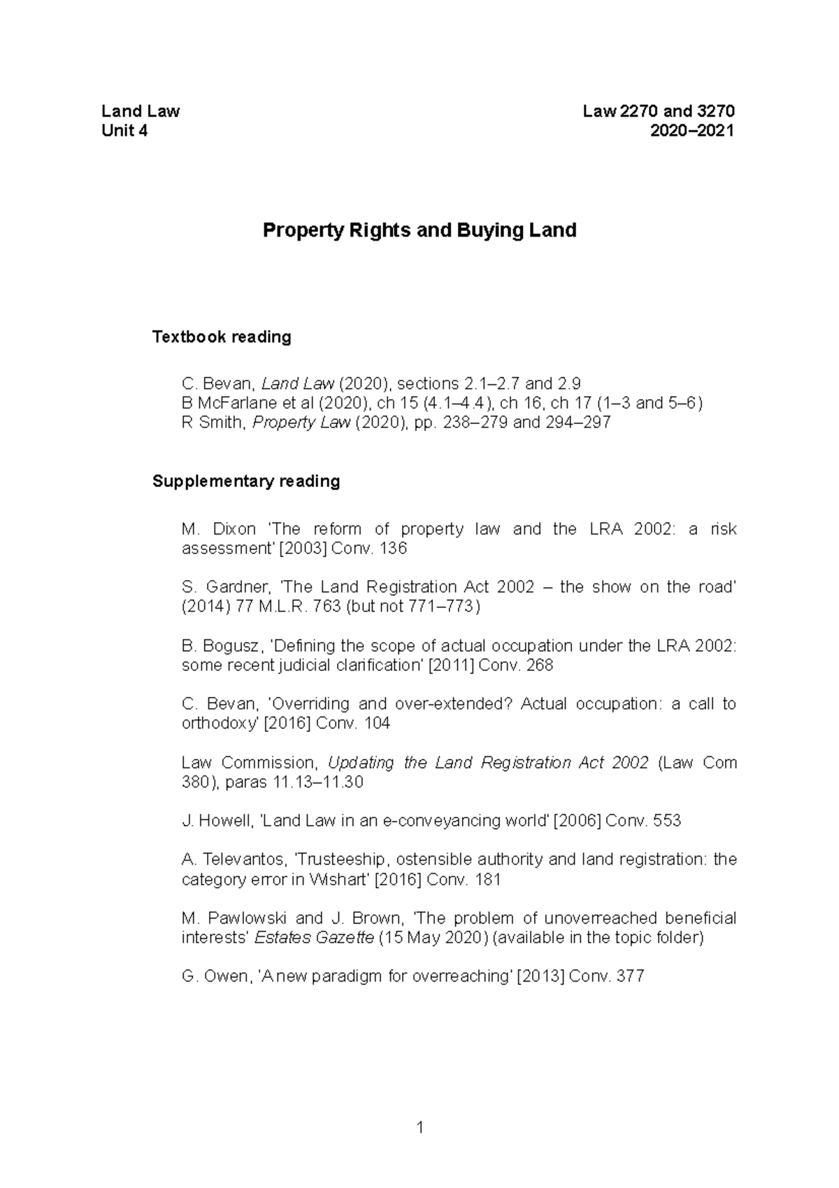Property Rights and Buying Land seminar - Land Law Law 2270 and 3270 ...