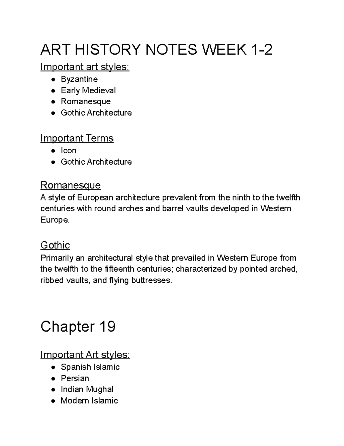 ART History Notes WEEK 2 ART HISTORY NOTES WEEK 1 Important art