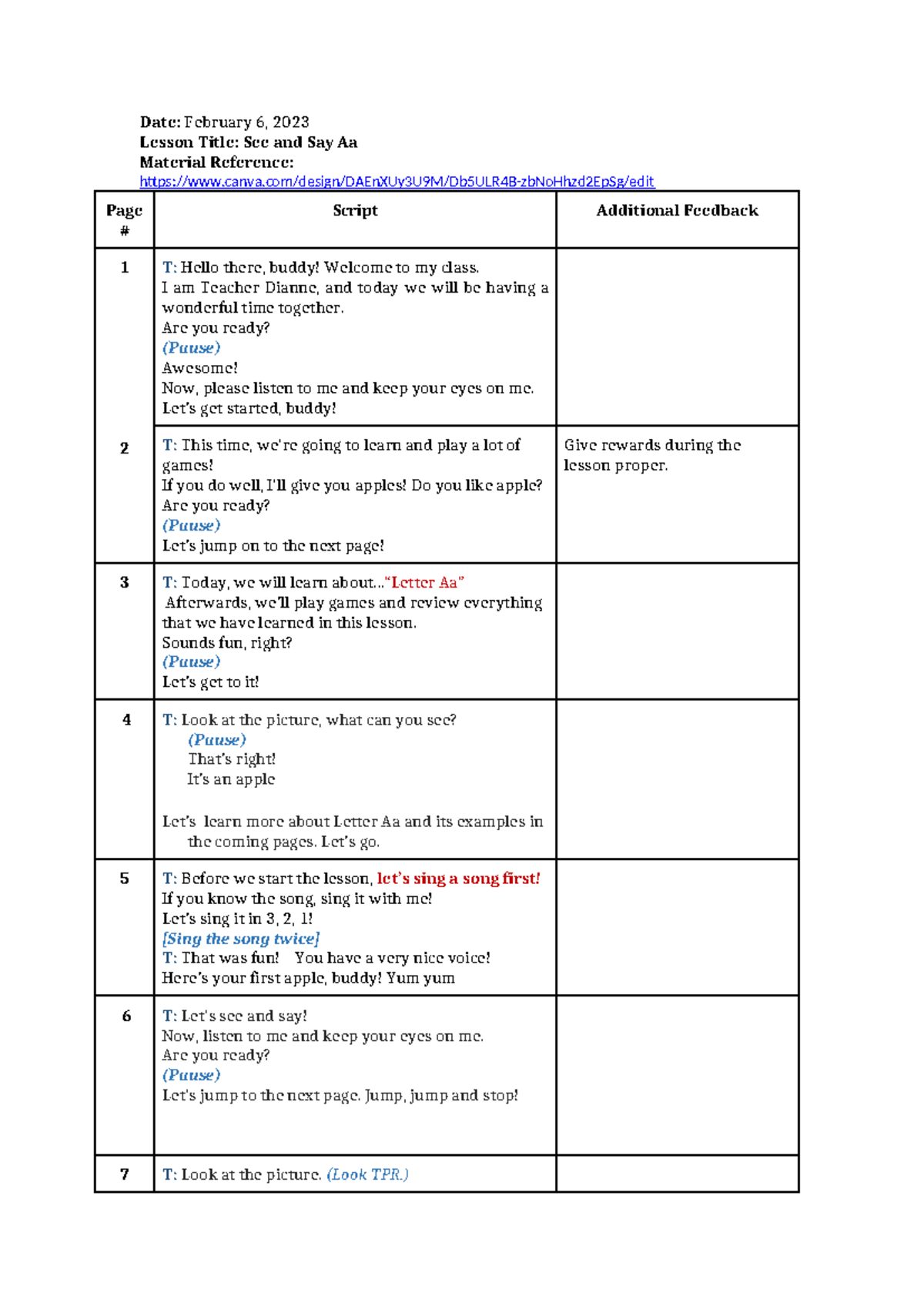 See and Say Aa- Script - Very effective - Date: February 6, 2023 Lesson ...