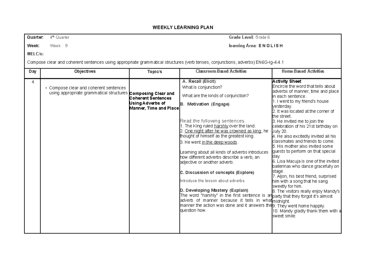 English 6 WLP wk 8 - NONE - WEEKLY LEARNING PLAN Quarter: 4 th Quarter ...