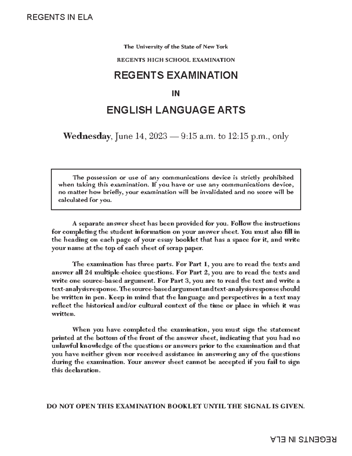 Reela 62023-exam - ELA Regent - The University Of The State Of New York ...