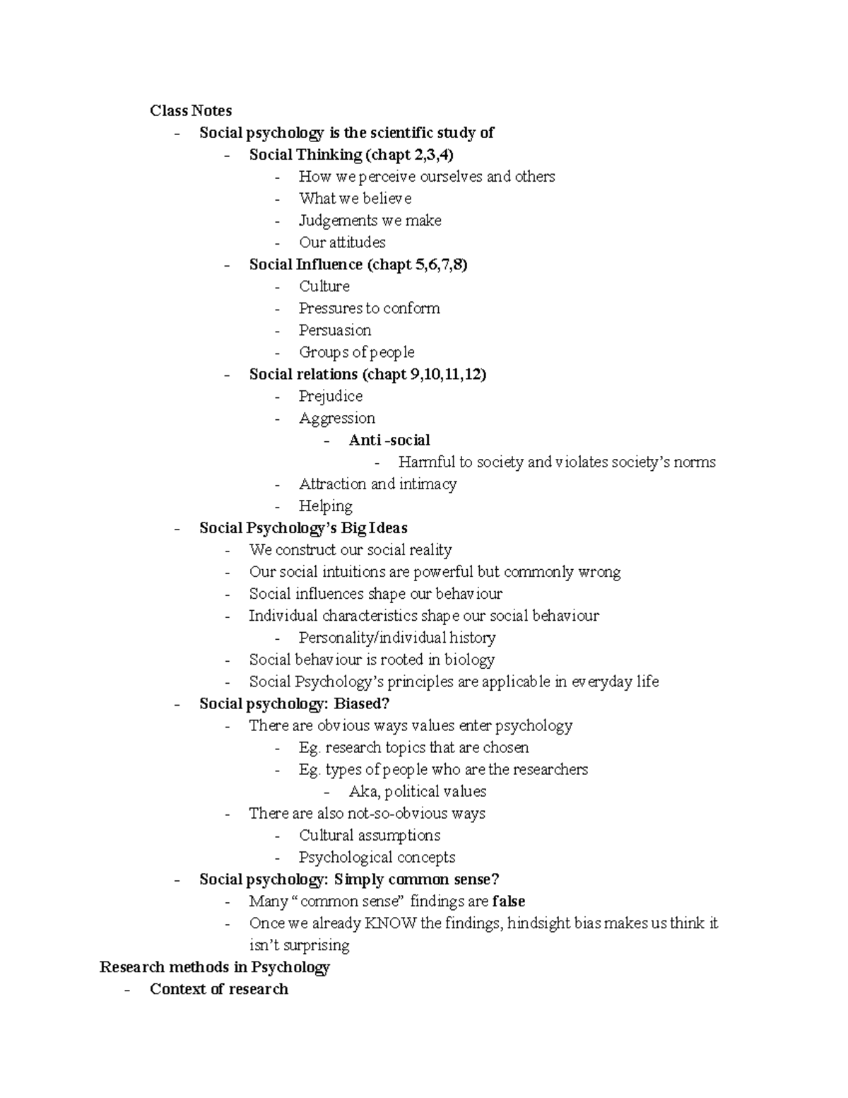 Class Notes Week 1 - Class Notes - Social psychology is the scientific ...