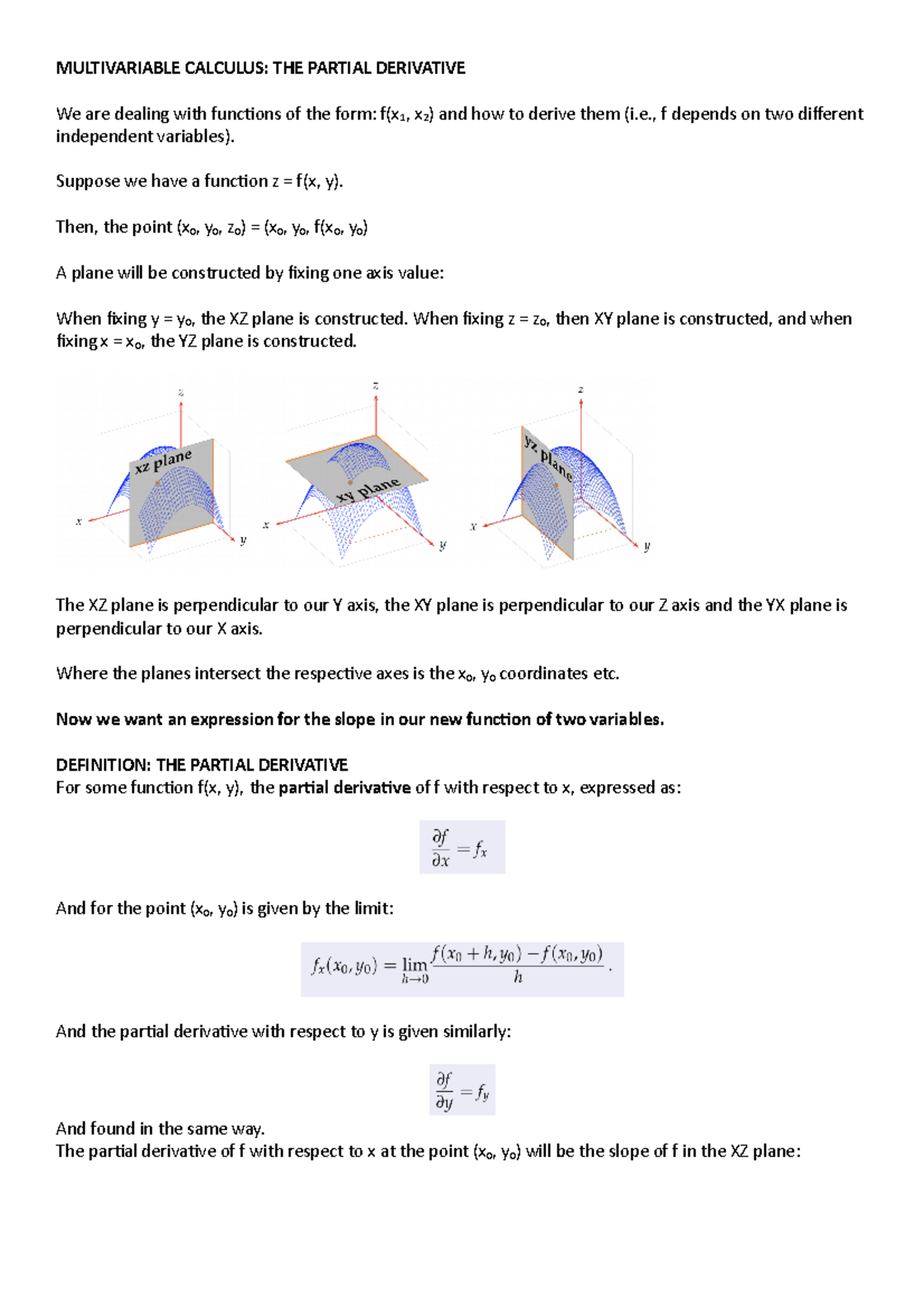 Multivariable Calculus Summary - MULTIVARIABLE CALCULUS: THE PARTIAL ...