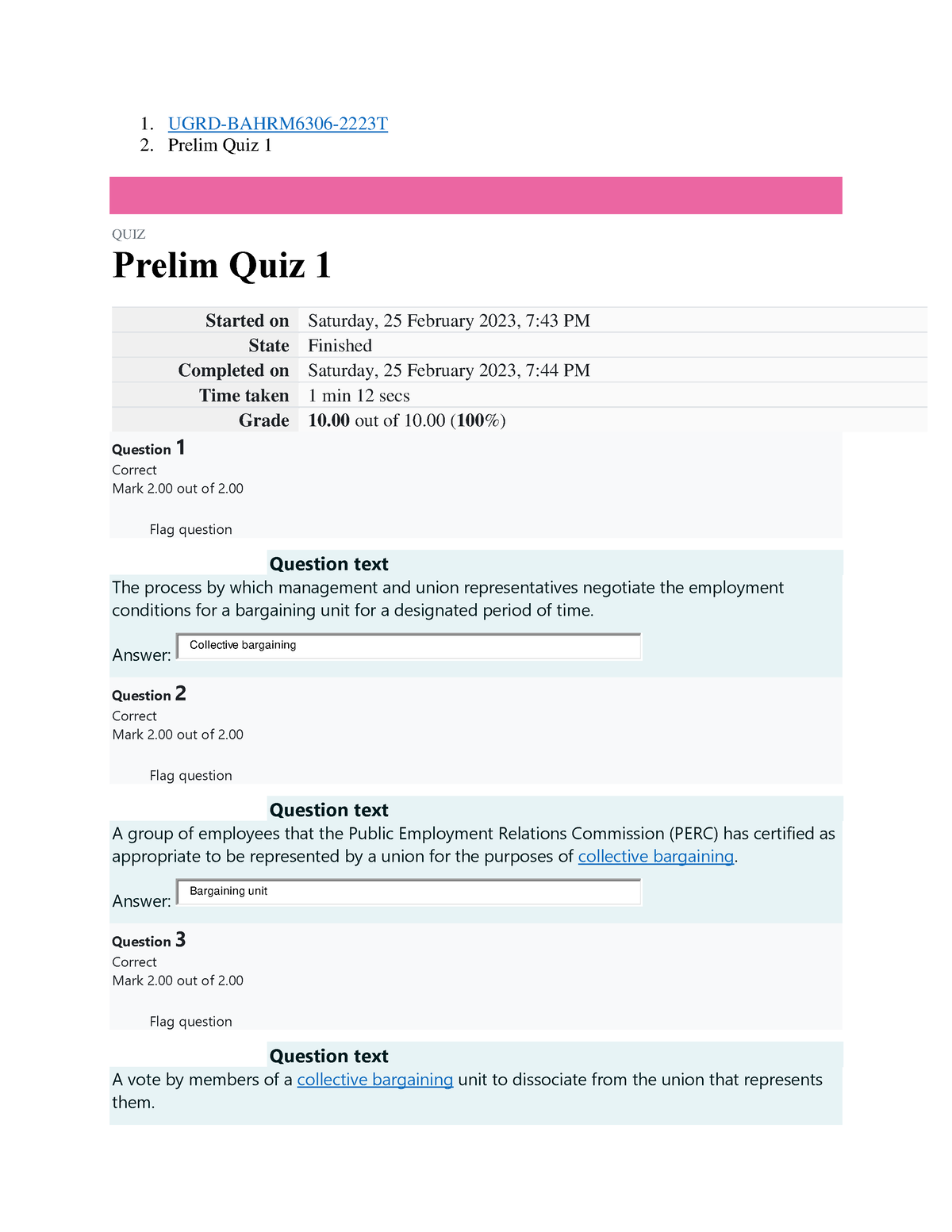 Labor Relation And Negotiation - 1. UGRD-BAHRM6306-2223T 2. Prelim Quiz ...