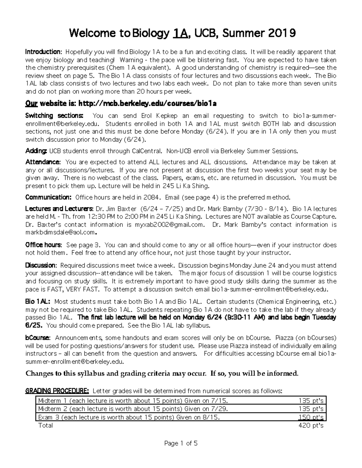 Bio 1A syllabus sum2019 DONE to Biology 1A, UCB, Summer 2019