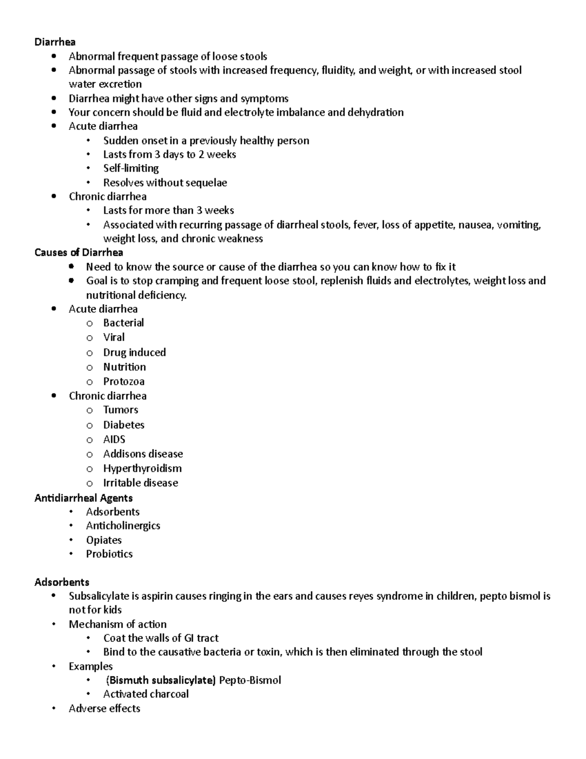 Diarrhea - Acute diarrhea o Bacterial o Viral o Drug induced o ...