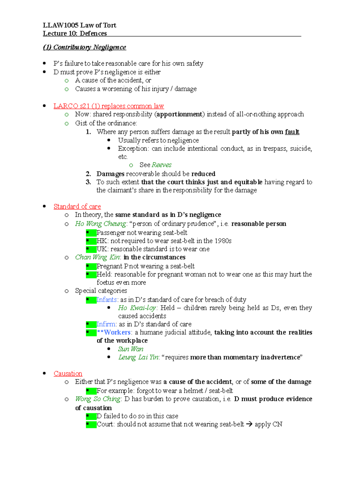 Tort L10 - Lecture notes 10 - LLAW1005 Law of Tort Lecture 10: Defences ...