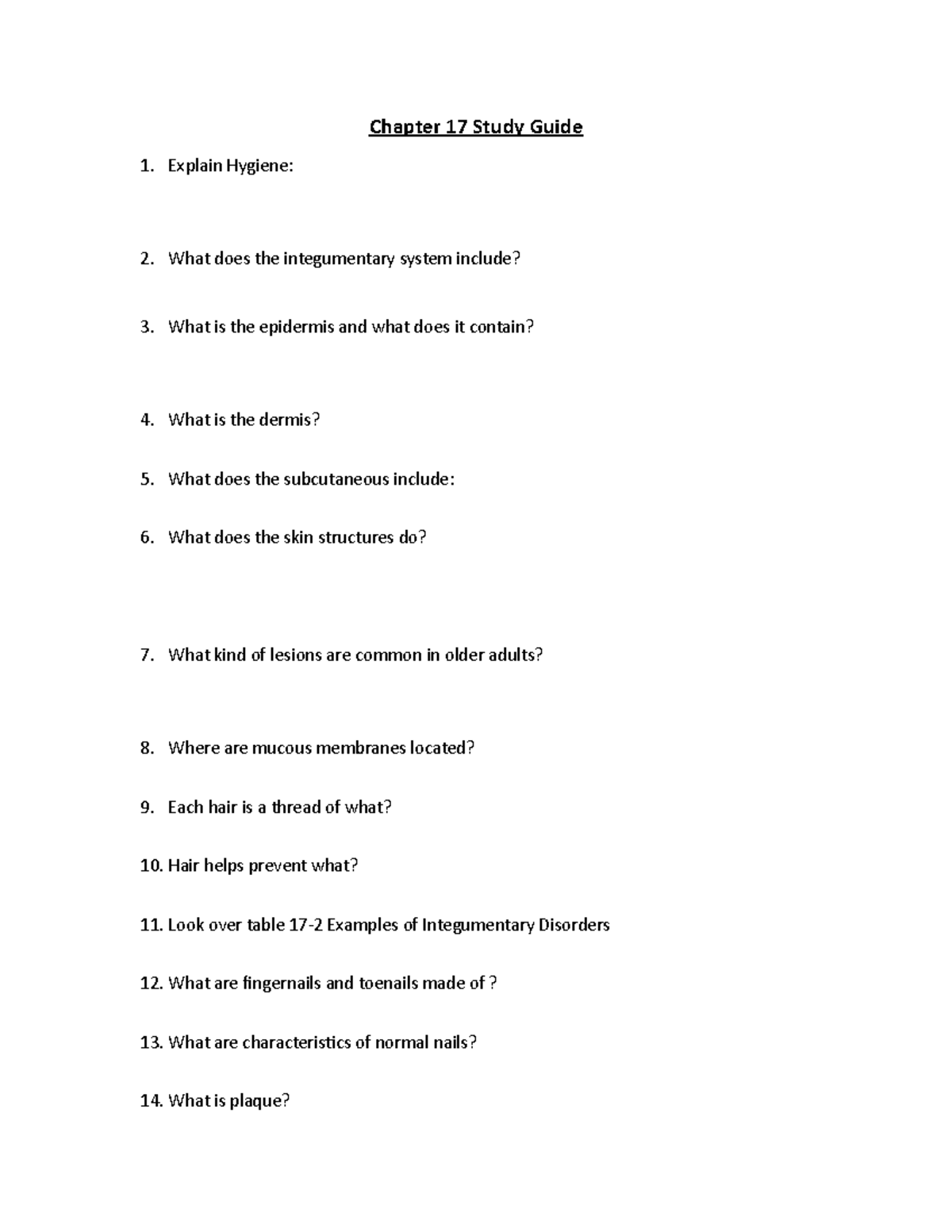 Chapter 17 Study Guide - Chapter 17 Study Guide Explain Hygiene: What ...
