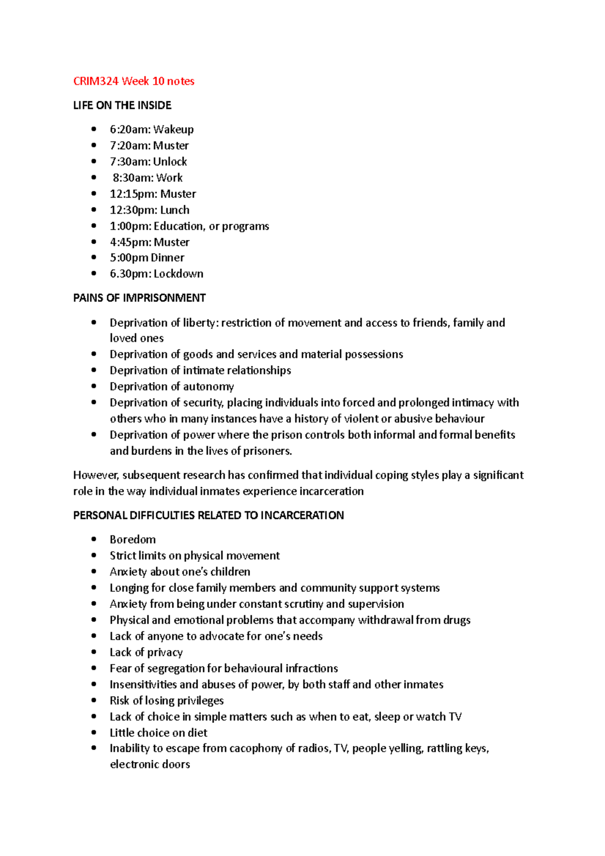 CRIM324 Week 10 notes - CRIM324 Week 10 notes LIFE ON THE INSIDE 6:20am ...