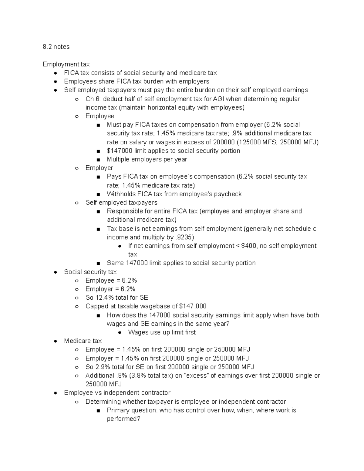 371 8.2 notes - AC 371 Intro to Taxation: Ch. 8.2 - Employment taxes ...