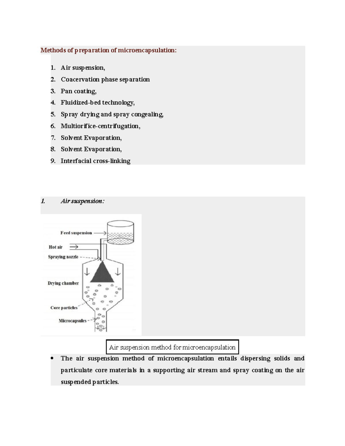 Methods of preparation of microencapsulation Air suspension, 2. Coacervation phase separation