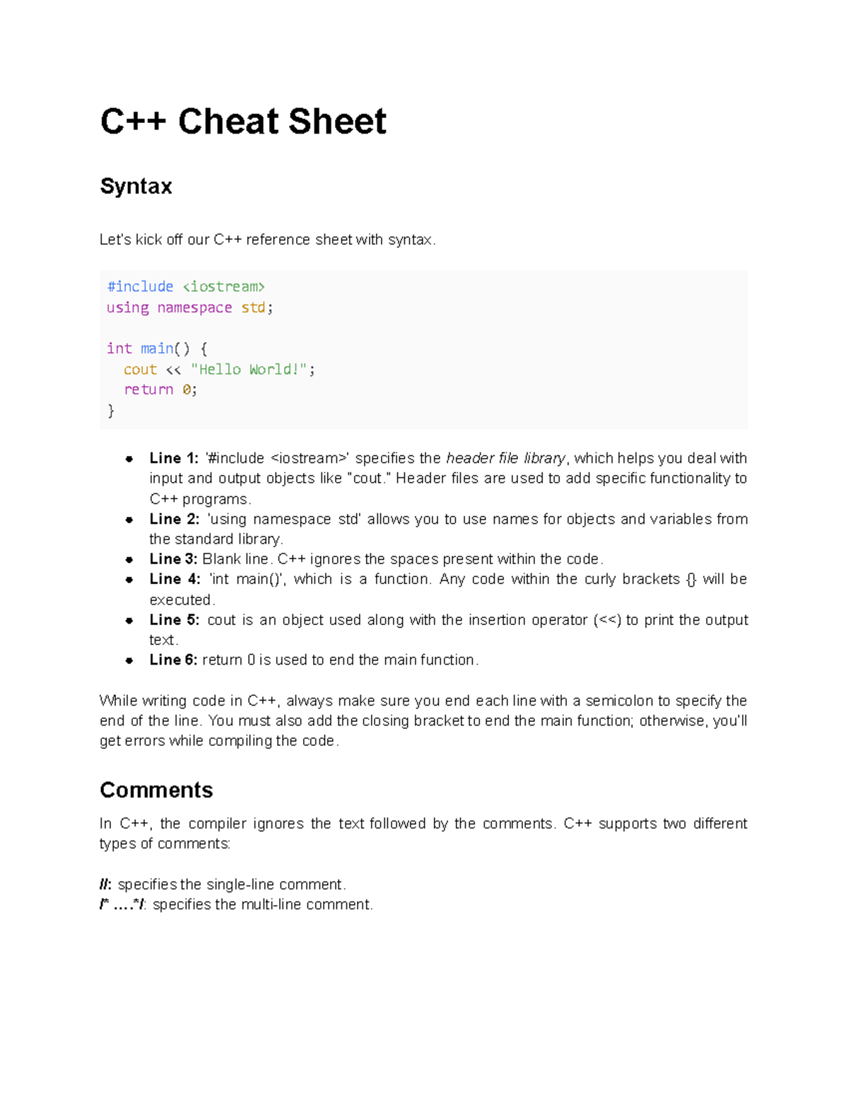 CPP-Cheatsheet Hackr - Summary for C++ - C++ Cheat Sheet Syntax Let’s ...