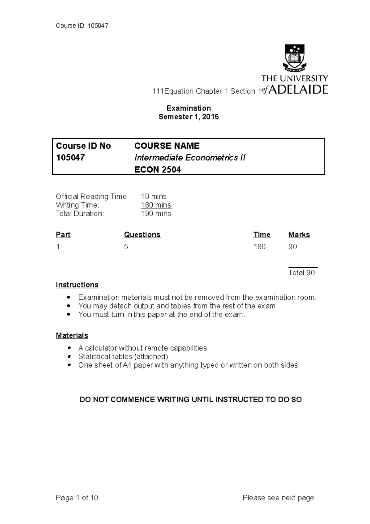 Sample/practice exam 2015, questions - Course ID: 105047 111Equation ...