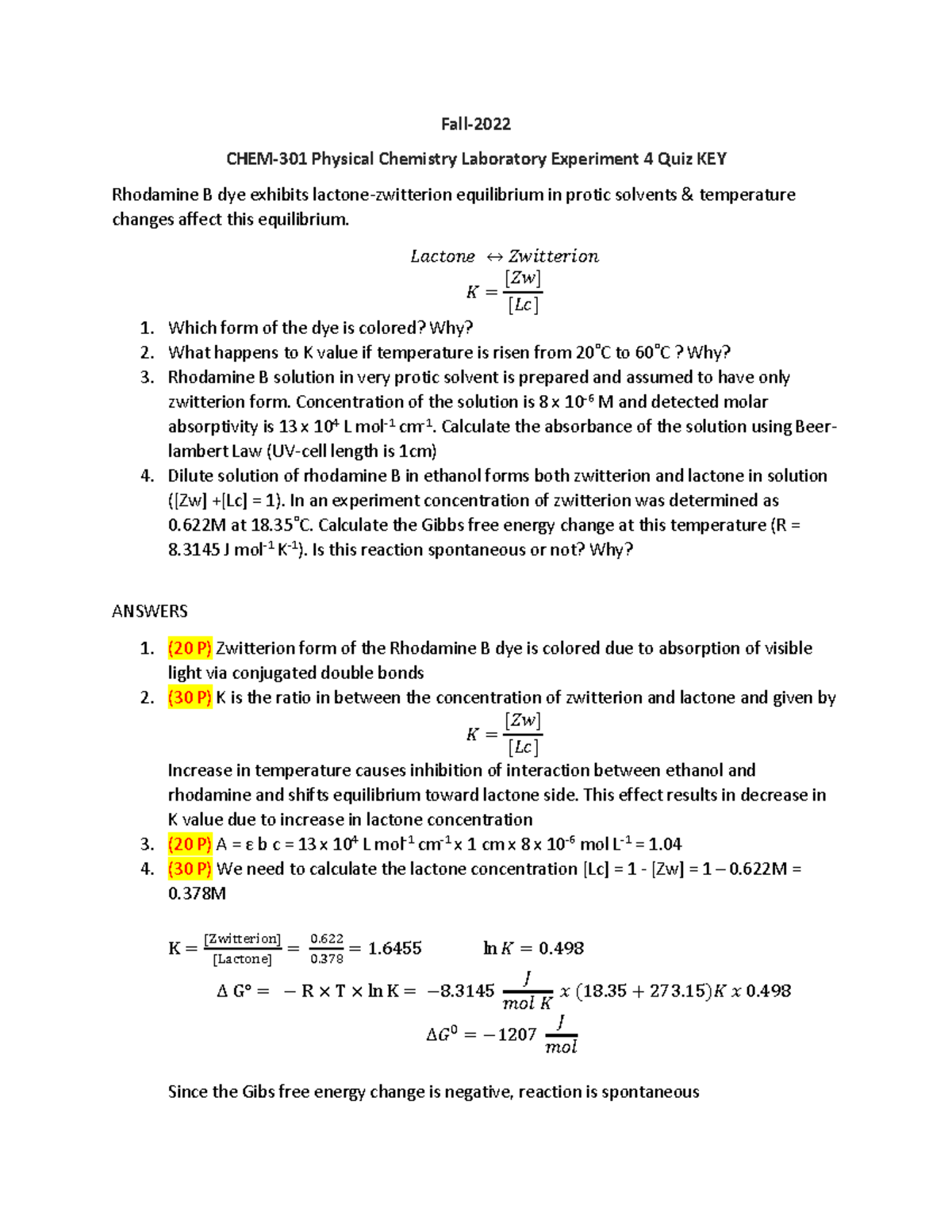 Experiment 4 quiz - KEY - jsjsjsjs - Fall- CHEM-301 Physical Chemistry ...