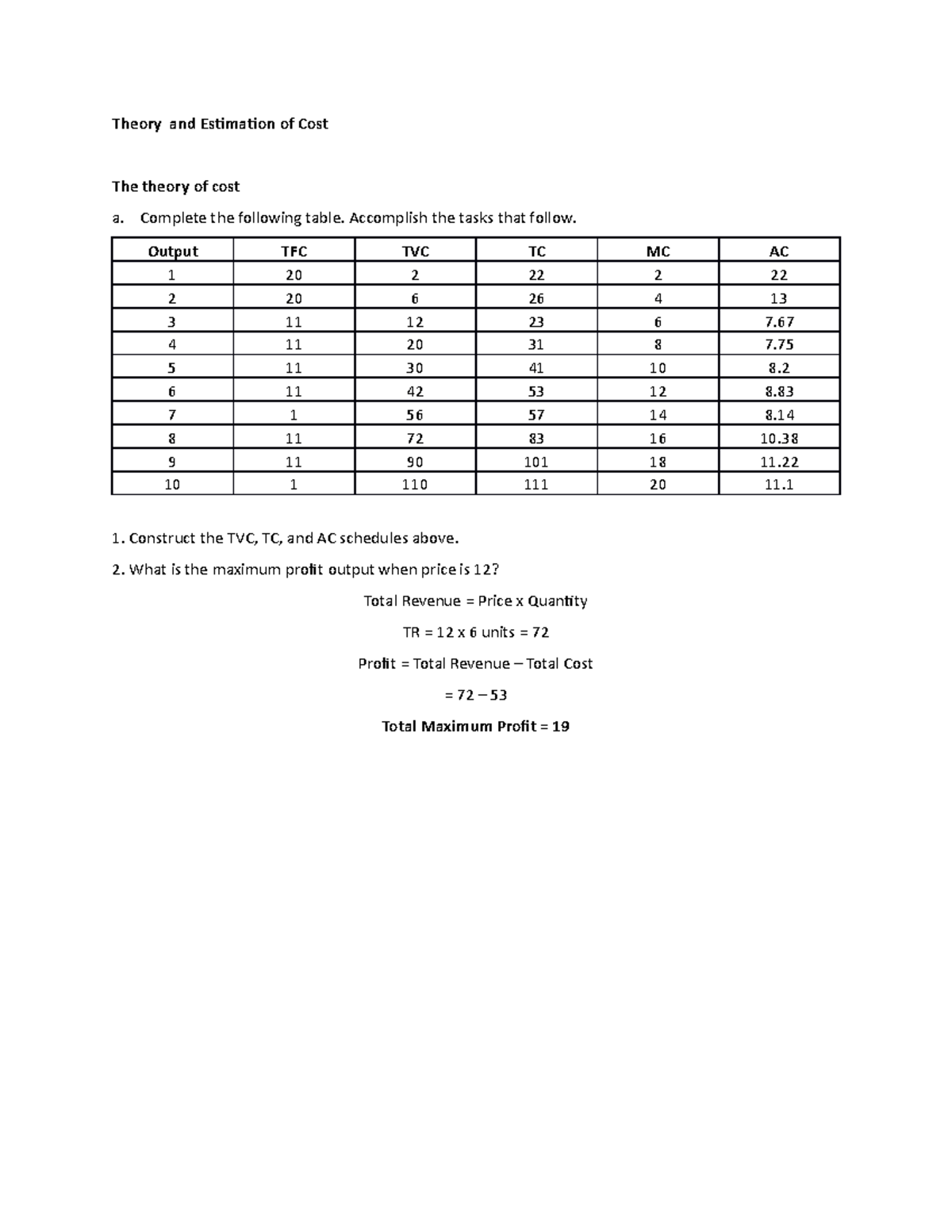 Theory and Estimation of Cost - Complete the following table ...