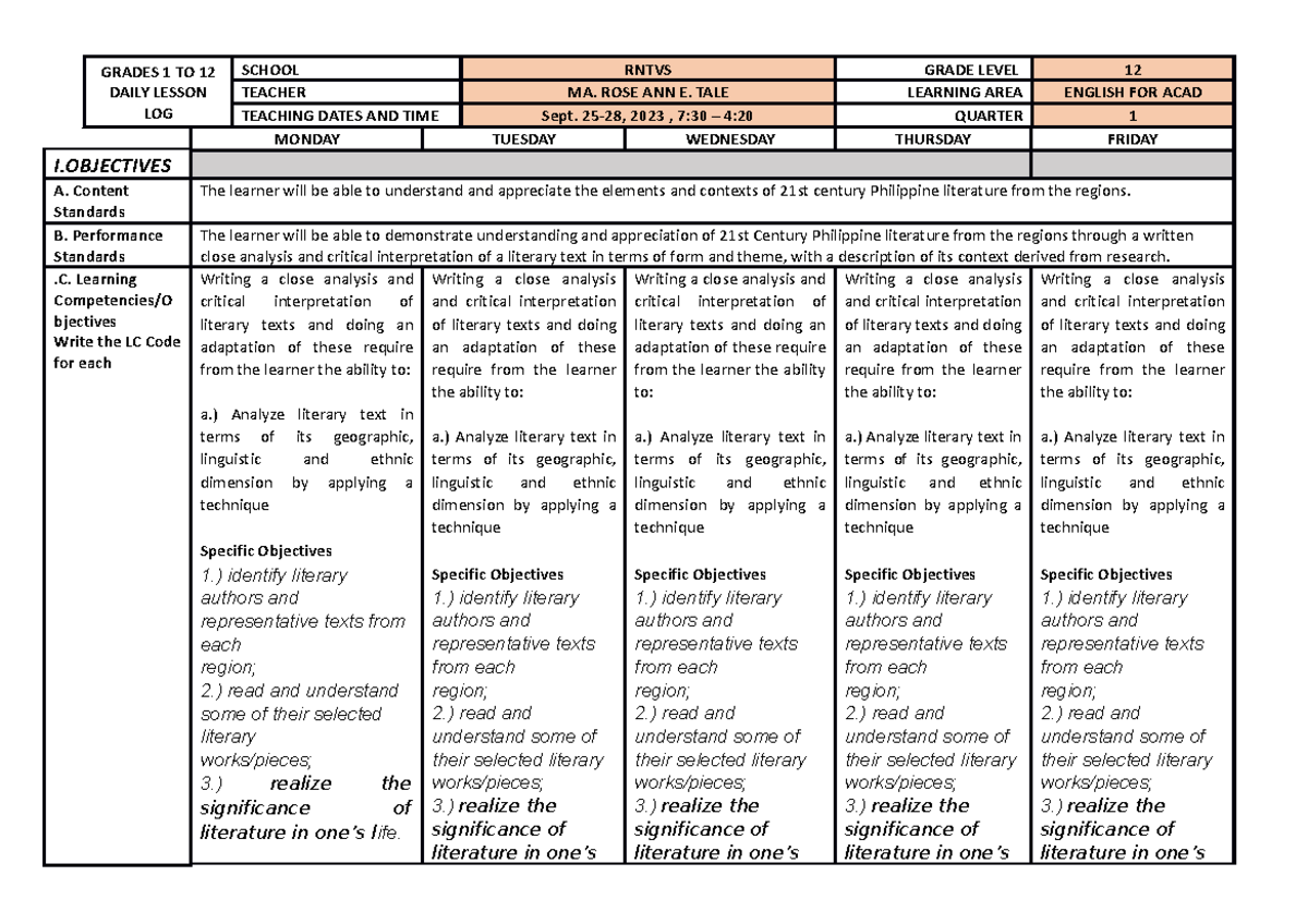 Daily Lesson Log - GRADES 1 TO 12 DAILY LESSON LOG SCHOOL RNTVS GRADE ...