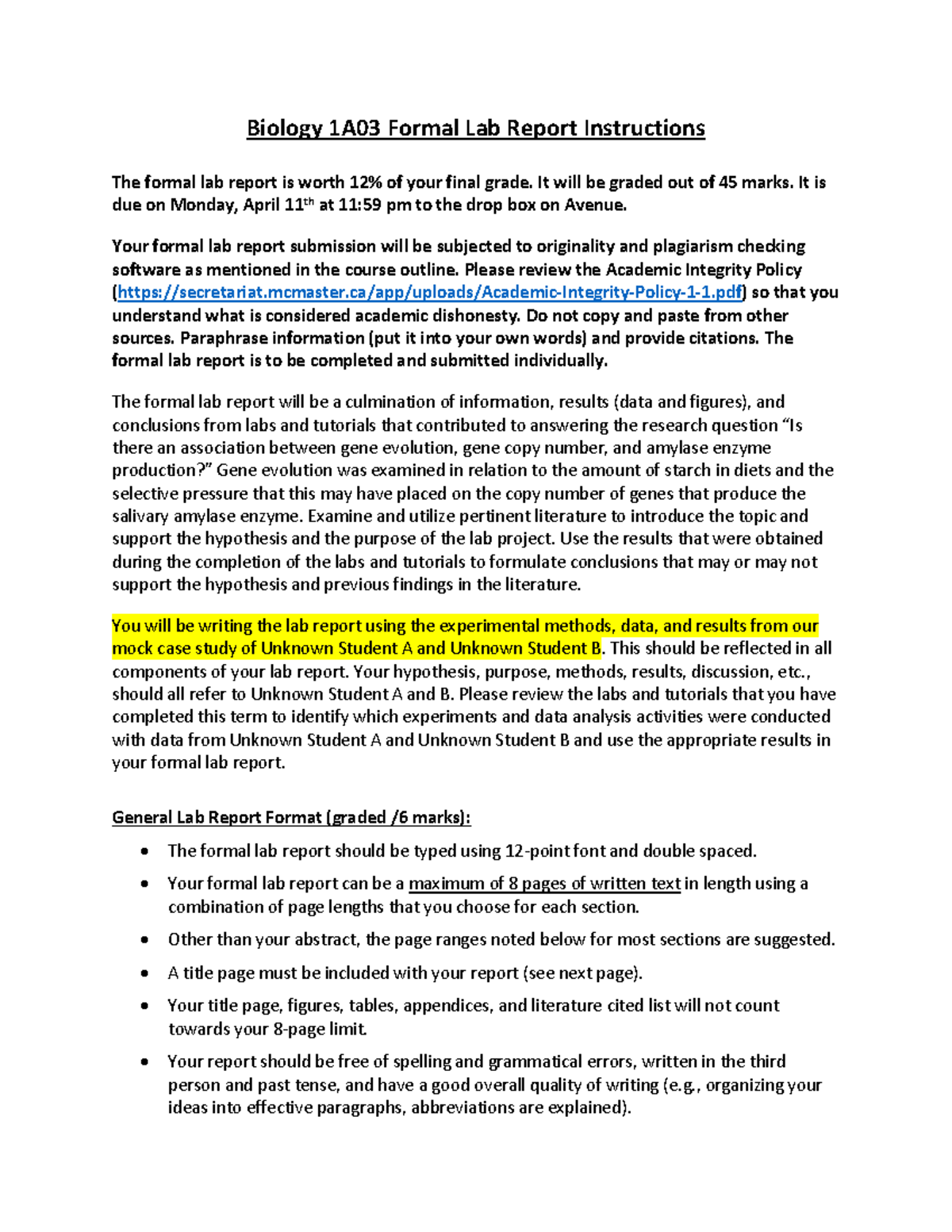 Bio1A03 Formal Lab Report Instructions W2022 12% of Total grades due on ...