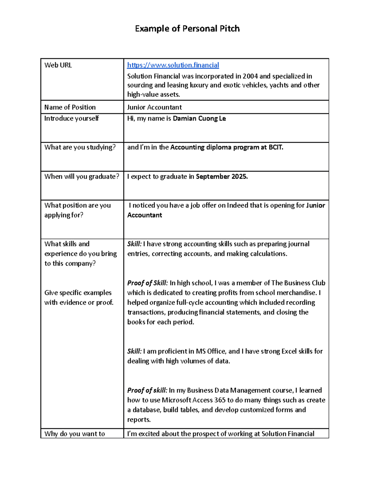 PersonalPitchofDamianFinalDraft Example of Personal Pitch 