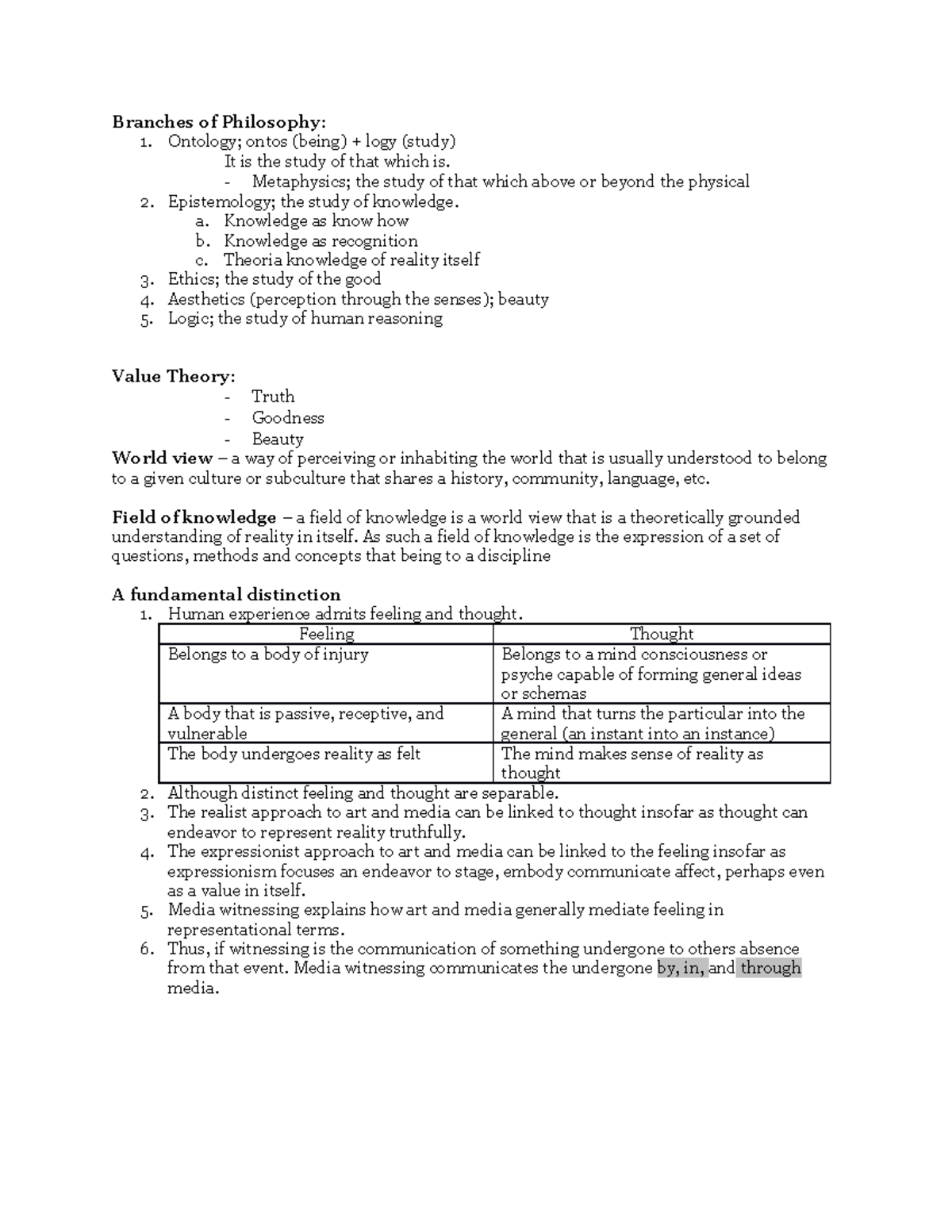 Humanities- Notes - ASSIGNMENT - Branches of Philosophy: 1. Ontology ...