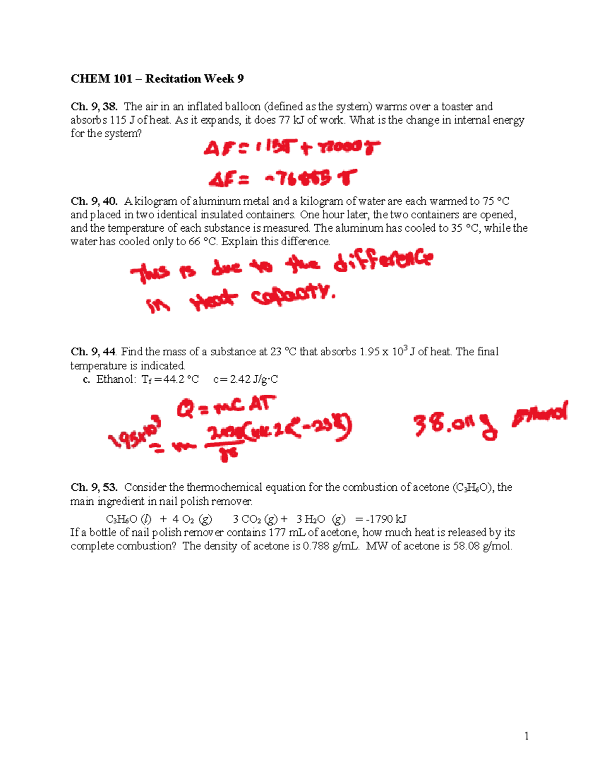 Week 9 Wrksht copy - Chem - CHEM 101 – Recitation Week 9 Ch. 9, 38. The ...