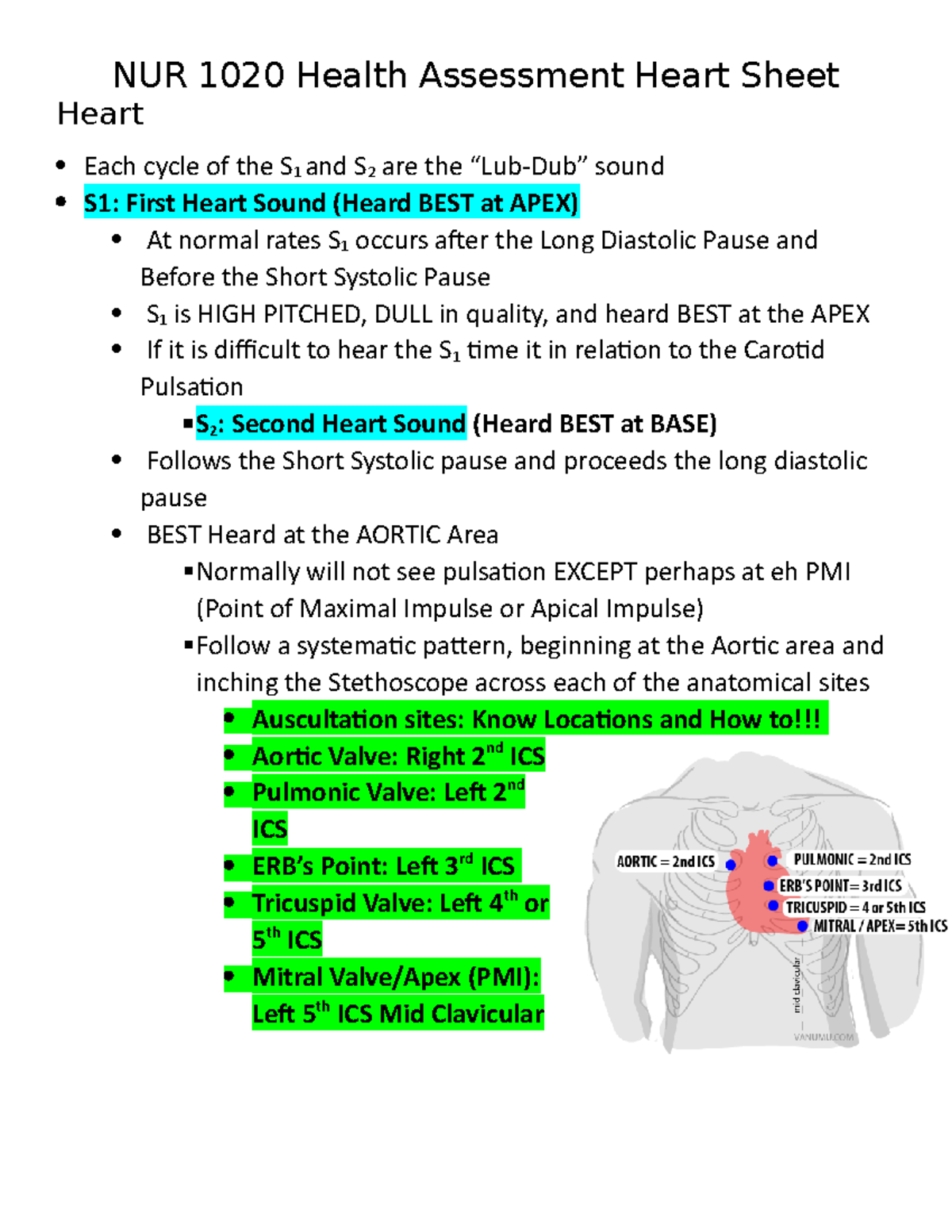 NUR 1020 Health Assessment Heart Sheet - NUR1020 - Studocu