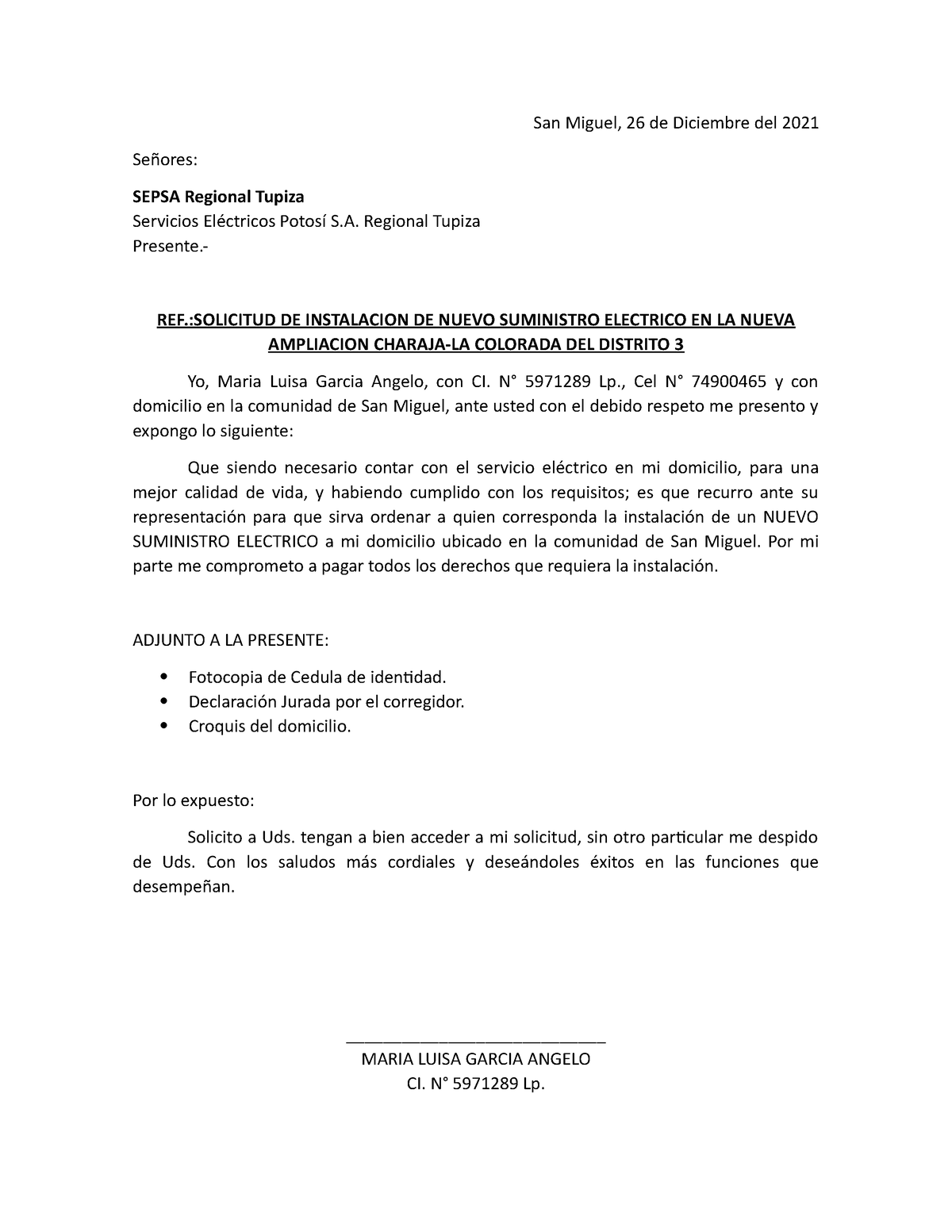 Solicitud servicio electrico - San Miguel, 26 de Diciembre del 2021  Señores: SEPSA Regional Tupiza - Studocu