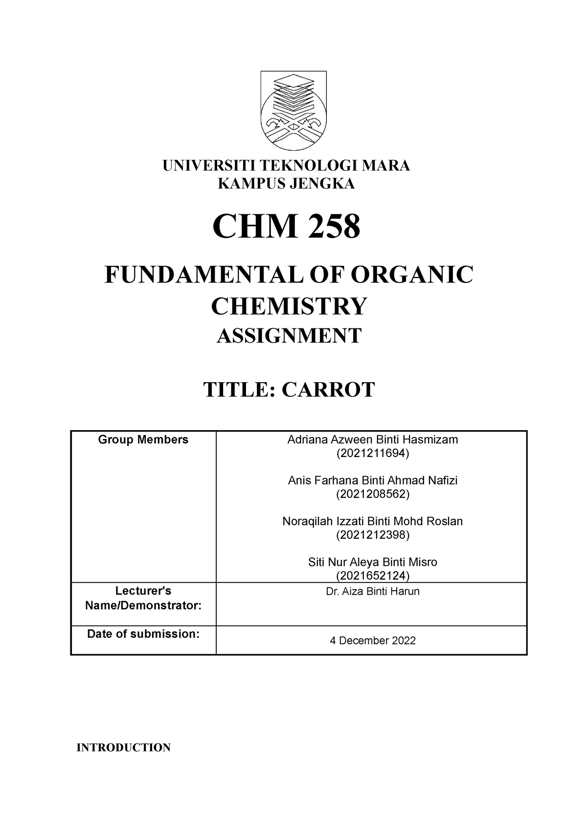 Carrot Assignment - UNIVERSITI TEKNOLOGI MARA KAMPUS JENGKA CHM 258 ...