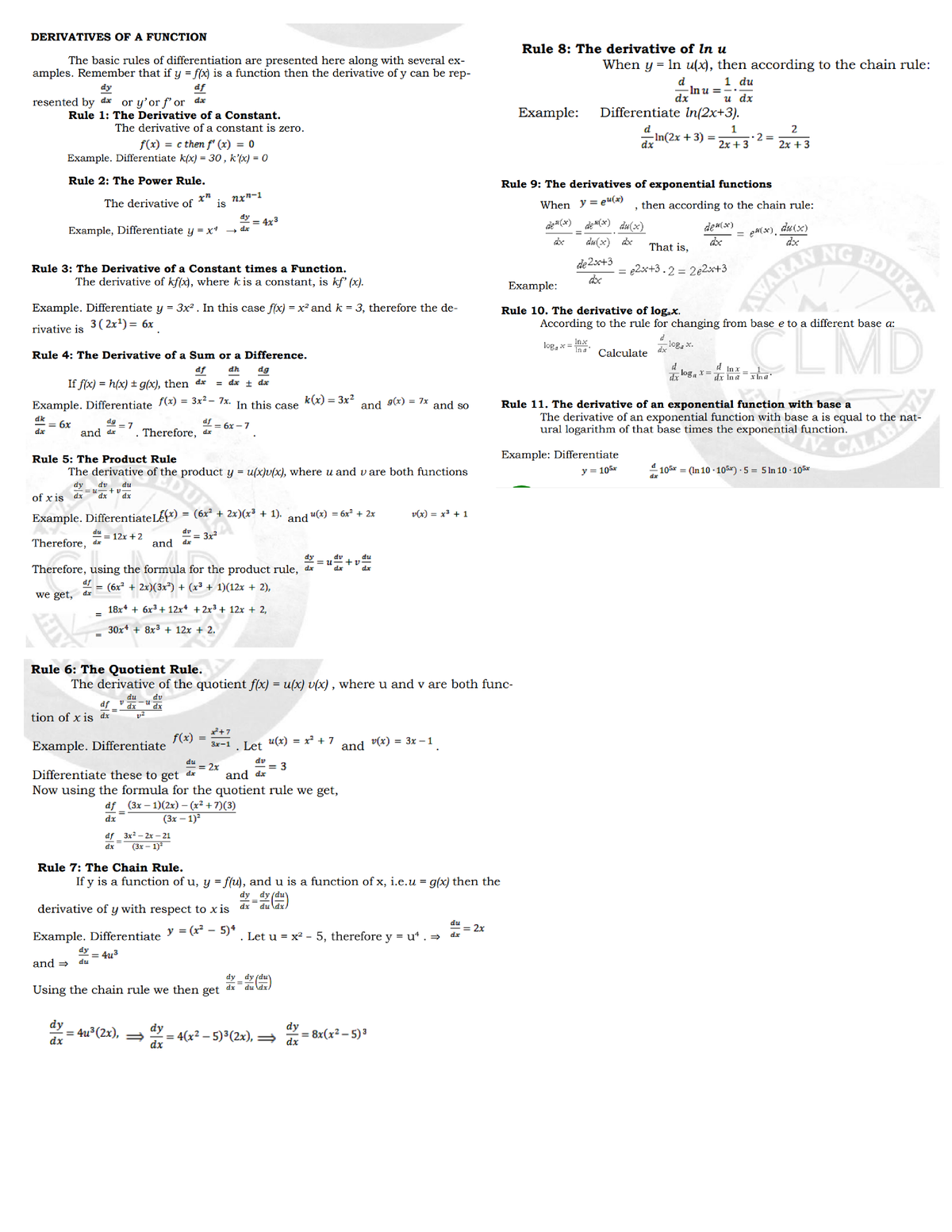 Derivatives of a Function - Intervention for Calculus - Studocu