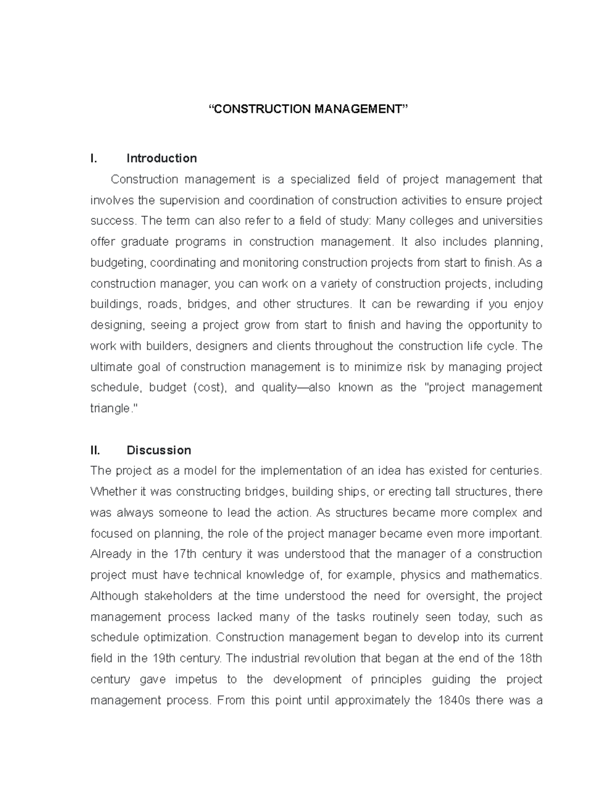 Construction- Management - “CONSTRUCTION MANAGEMENT” I. Introduction ...