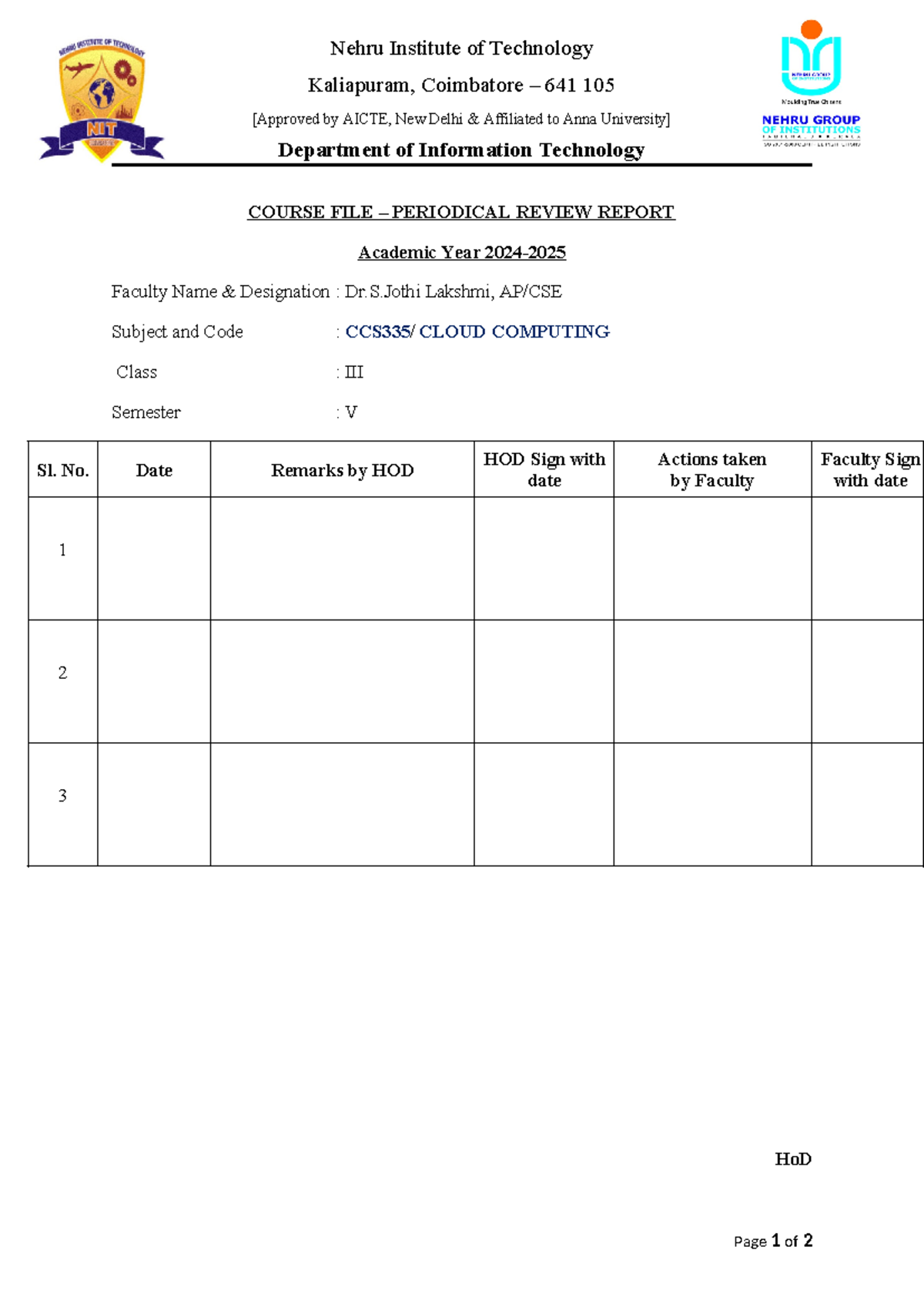 Course FILE Front PAGE 2021-2022 - Nehru Institute of Technology ...