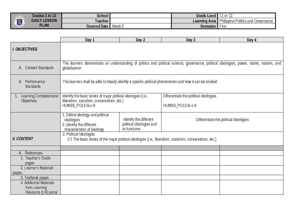 Philippine Politics and Governance - Grades 1 to 12 DAILY LESSON PLAN ...