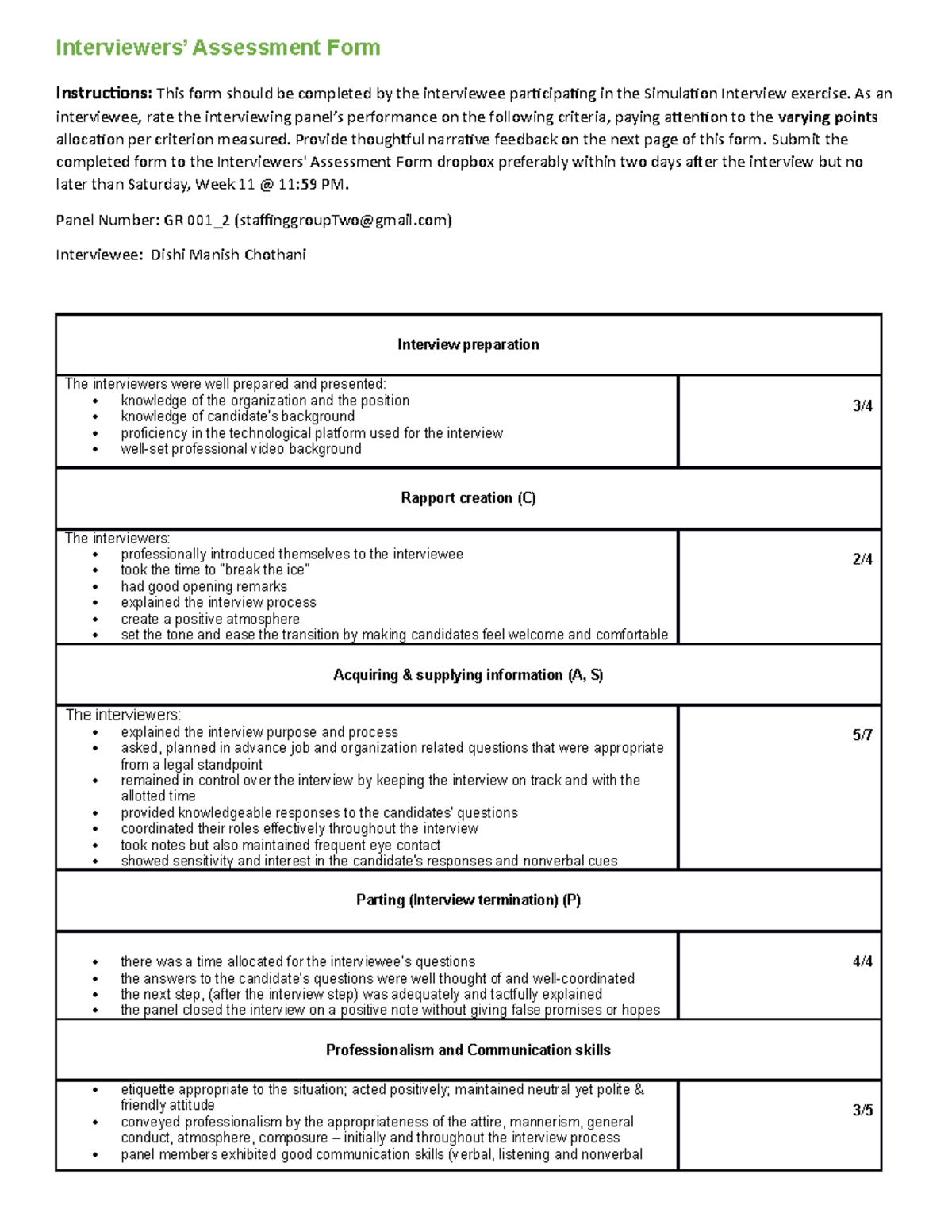 Interviewers' Assessment Form human resource management - Interviewers ...