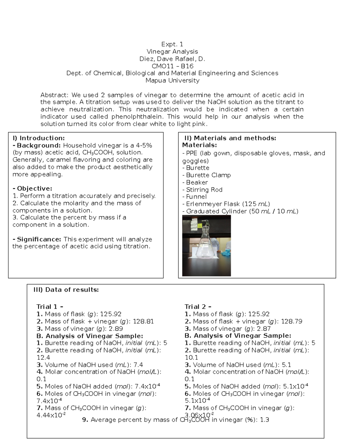 Chem Report Expt 1 Vinegar Analysis Diez Dave Rafael D Cmo11 B16 Dept Of Chemical Studocu