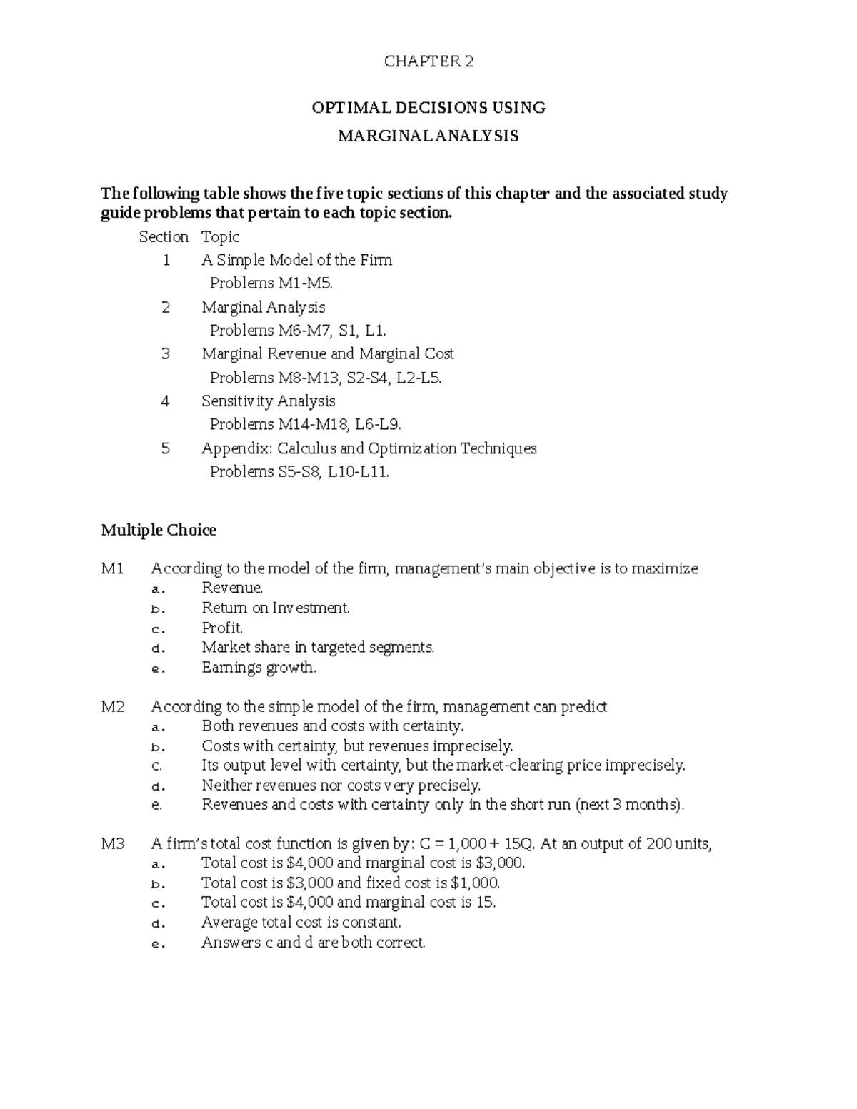 Chapter 2 Optimal Decisions Using Marginal Analysis Test Bank - CHAPTER ...