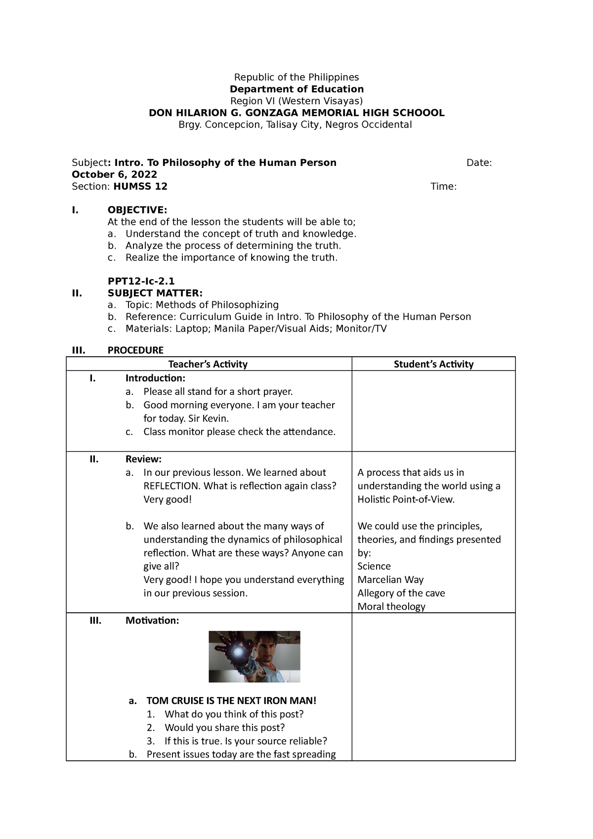 Demo Shs Lesson Plan Republic Of The Philippines Department Of Education Region Vi Western 0579