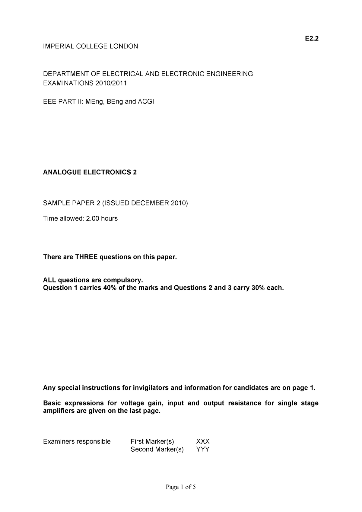 Sample Practice Exam 1 December 2010, Questions - E2. Imperial College 