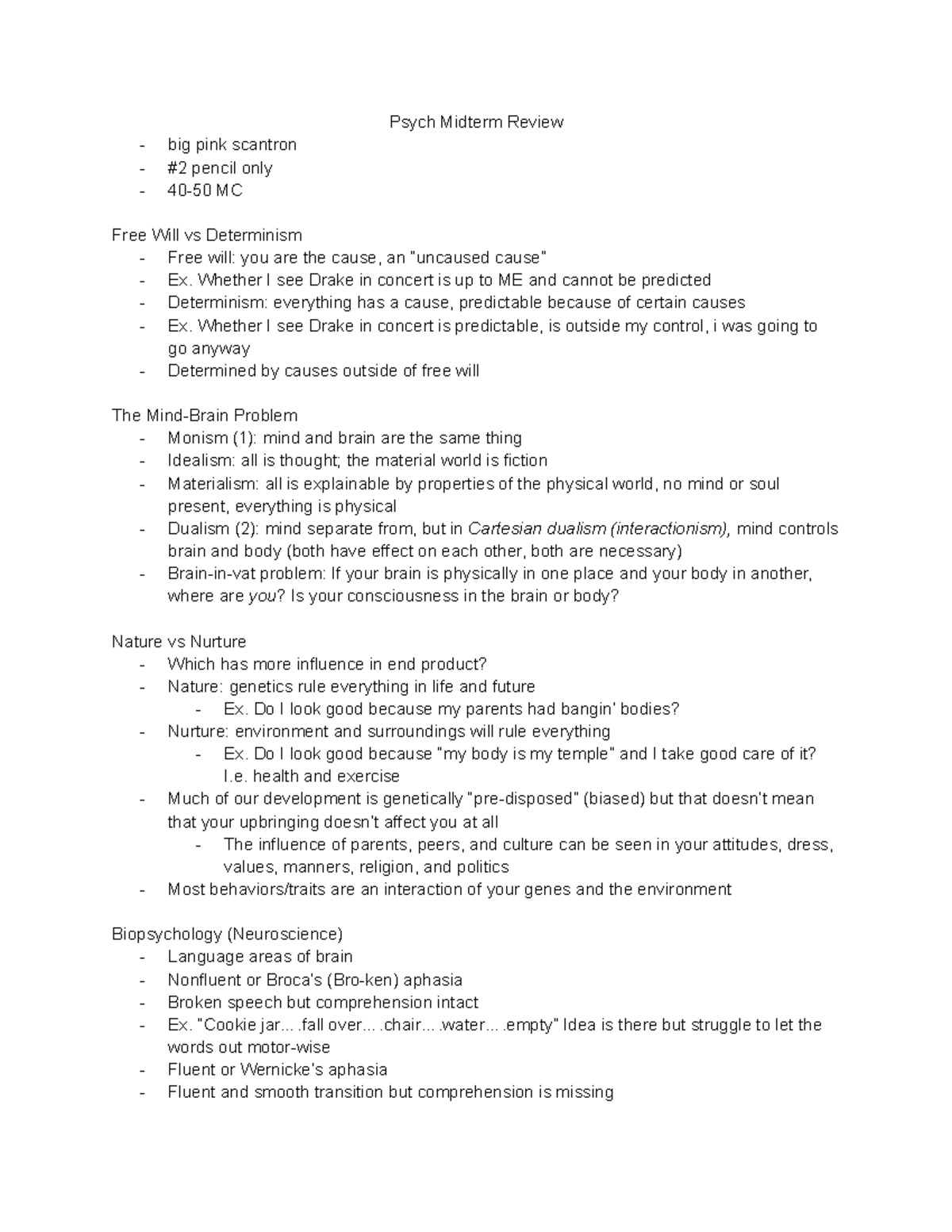 PSY 1 Intro To Psych - Midterm Exam Review Notes - Psych Midterm Review ...