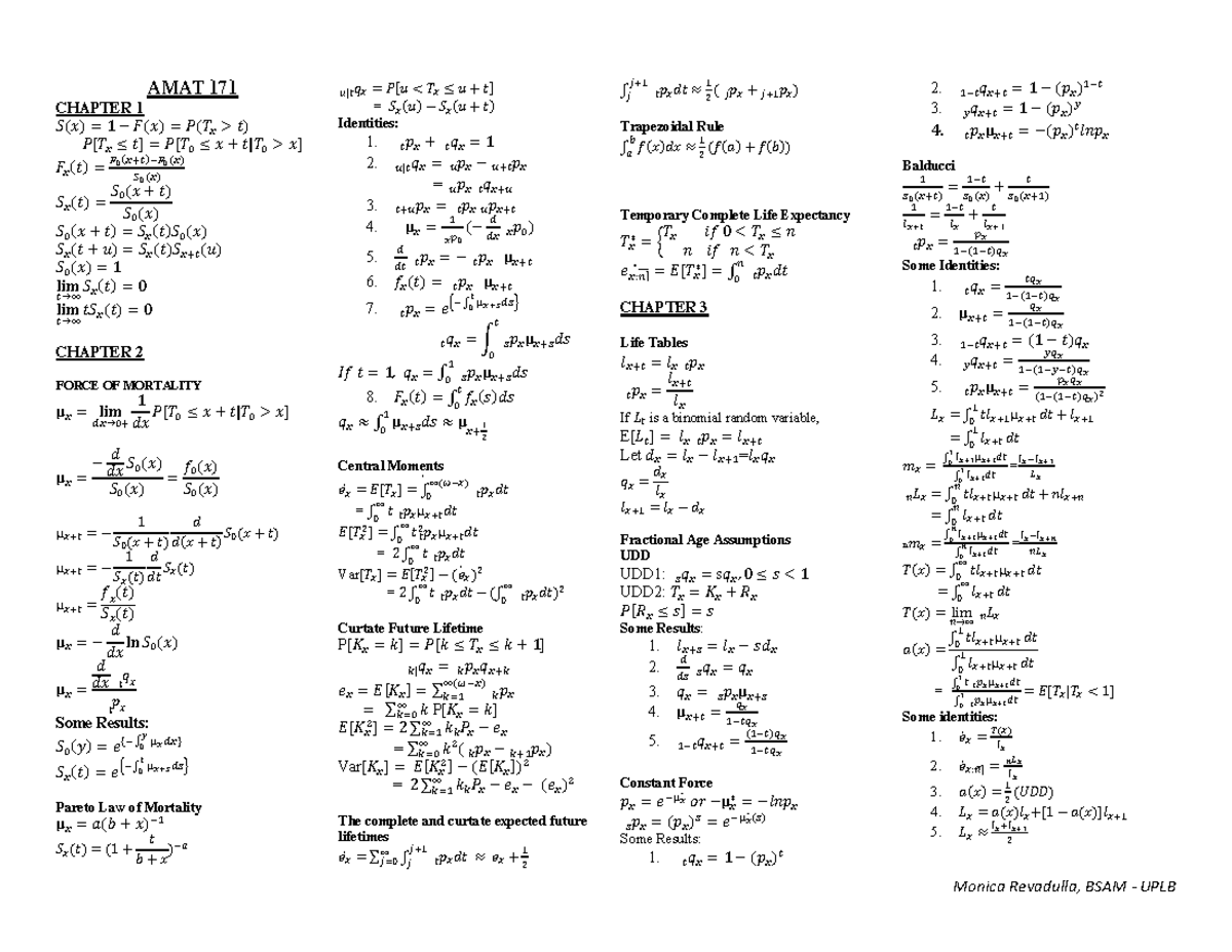 List of Formulas for Actuarial Mathemati - AMAT 171 CHAPTER 1 𝑆(𝑥) = 1 ...